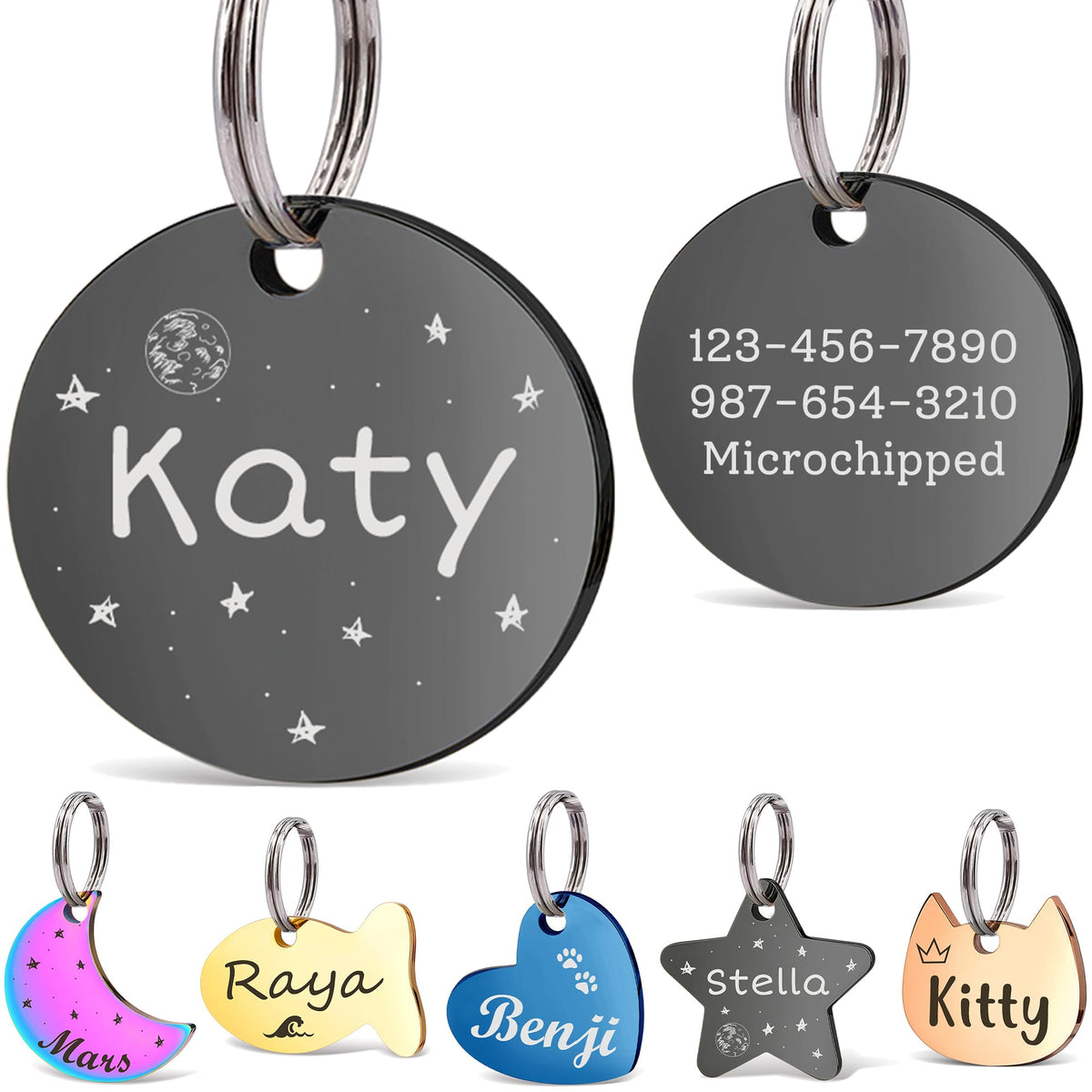 Anavia Small Size Dog Cat ID Tags, Small/XS Personalized Color Plated Stainless Steel Puppy Kitten Name Tags, Customized Engraved Nameplate Pet Collar Tag (Blue, Star)