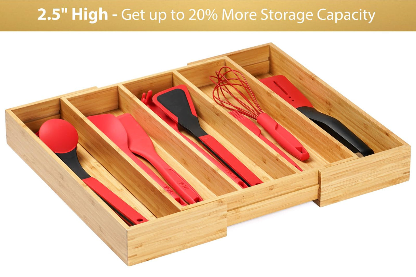 Umilife Expandable Kitchen Drawer Organizer, 2.5" High Bamboo Utensils Silverware Tray, Adjustable Large Deep Wood Organization Holder