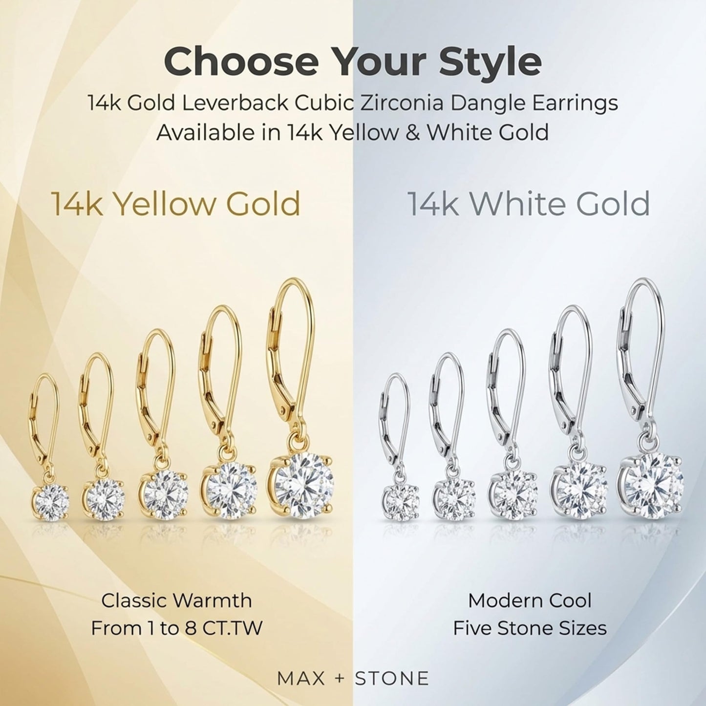 MAX + STONE Gold Leverback Cubic Zirconia Dangle Drop Earrings for Women | 2 CT.TW 14k Real White Gold