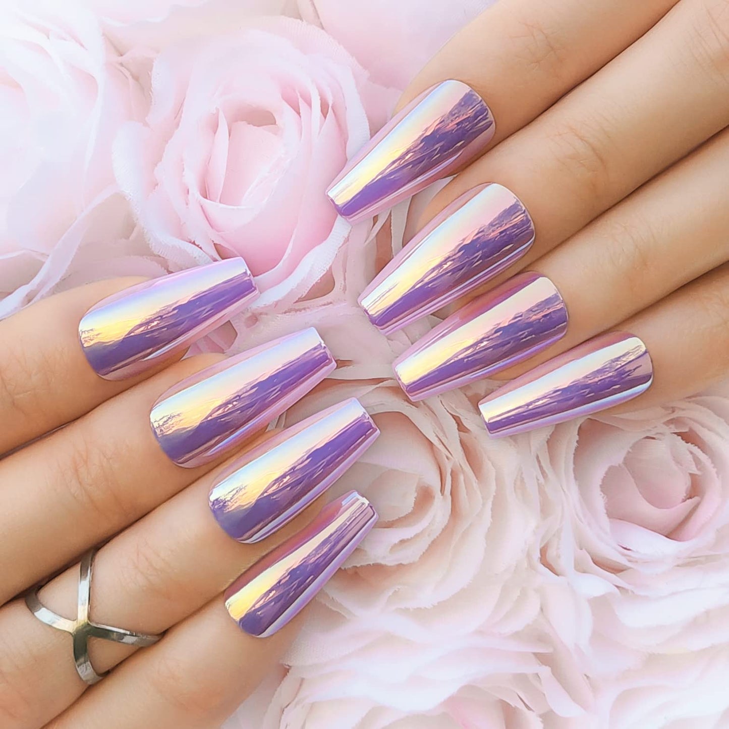Hypnaughty Press On Nails - Party Star Chrome & Noir Matte Coffin, Trendy & Salon Quality Reusable Nails With Kit