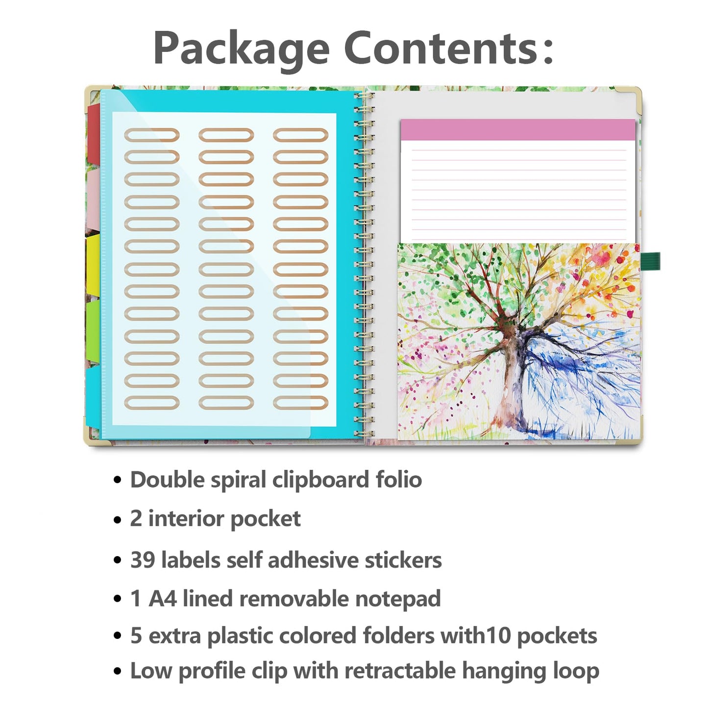 Clipboard Folio with Notepad for Letter Size (11" x 8.5"), 5 Extra Folders with Storage 10 Pockets, 39 File Folder Labels, Elastic Closure Spiral Clipboard with Storage(Tree Seasons)