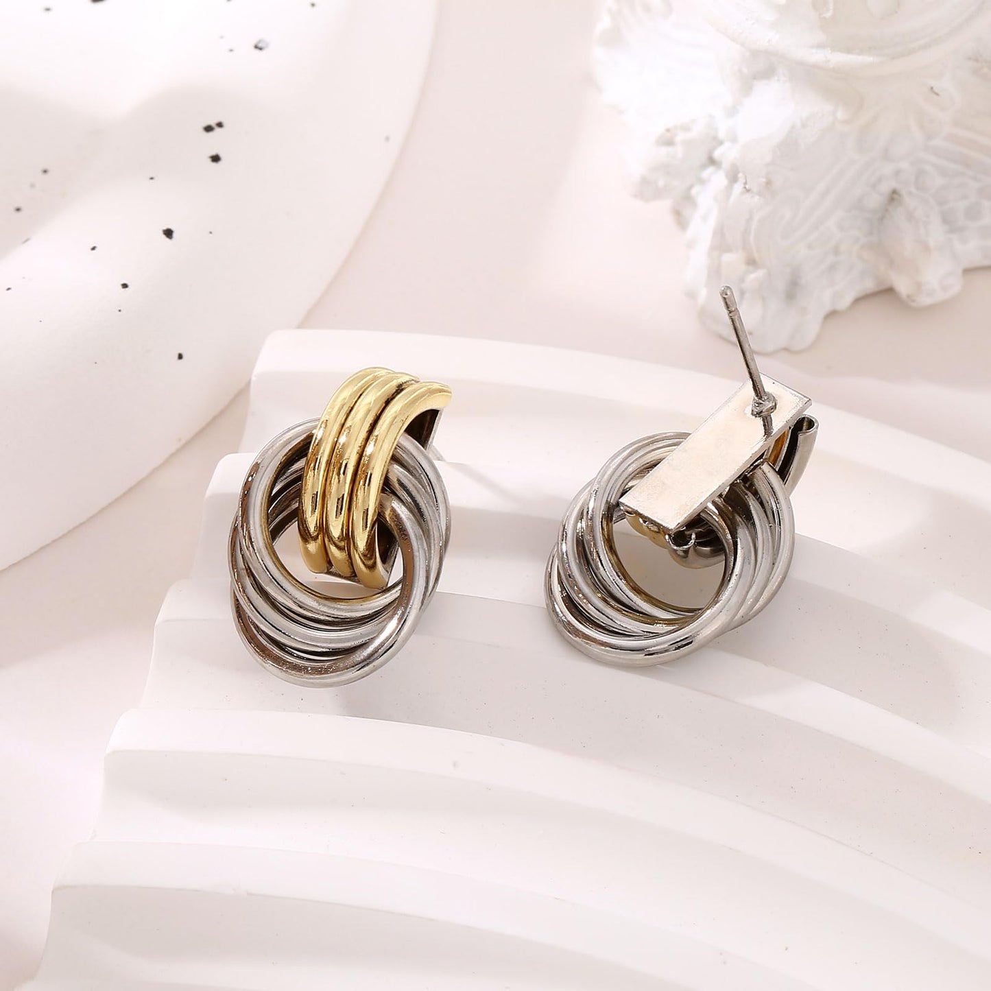 14K Gold Silver Earrings - Mixed Metal Knot Earring for Women, Trendy Two Tone Knotted Drop Statement Earring Jewelry
