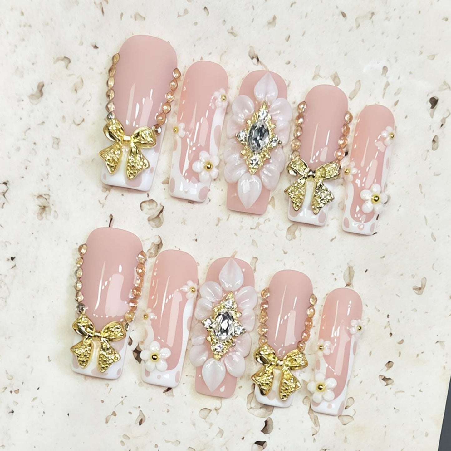 Luxury Handmade Long Press on Nails Square Fake Nails Summer French Tip Press Ons with 3D Flowers Diamond Design Reusable False Nails Full Cover Stick on Nail for Women Manicure 10Pcs (Size M)