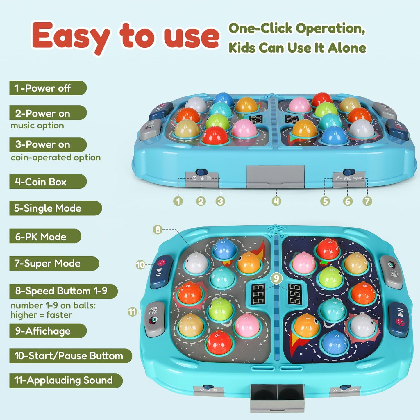 2-Player Whack Game Mole - Toys for Age 3-12 Kids,2 Hammers,3 Modes with Sound & Light,Safe Educational Pounding Toy,Birthday for 3 4 5 6+ Year Old Boys Girls,Blue