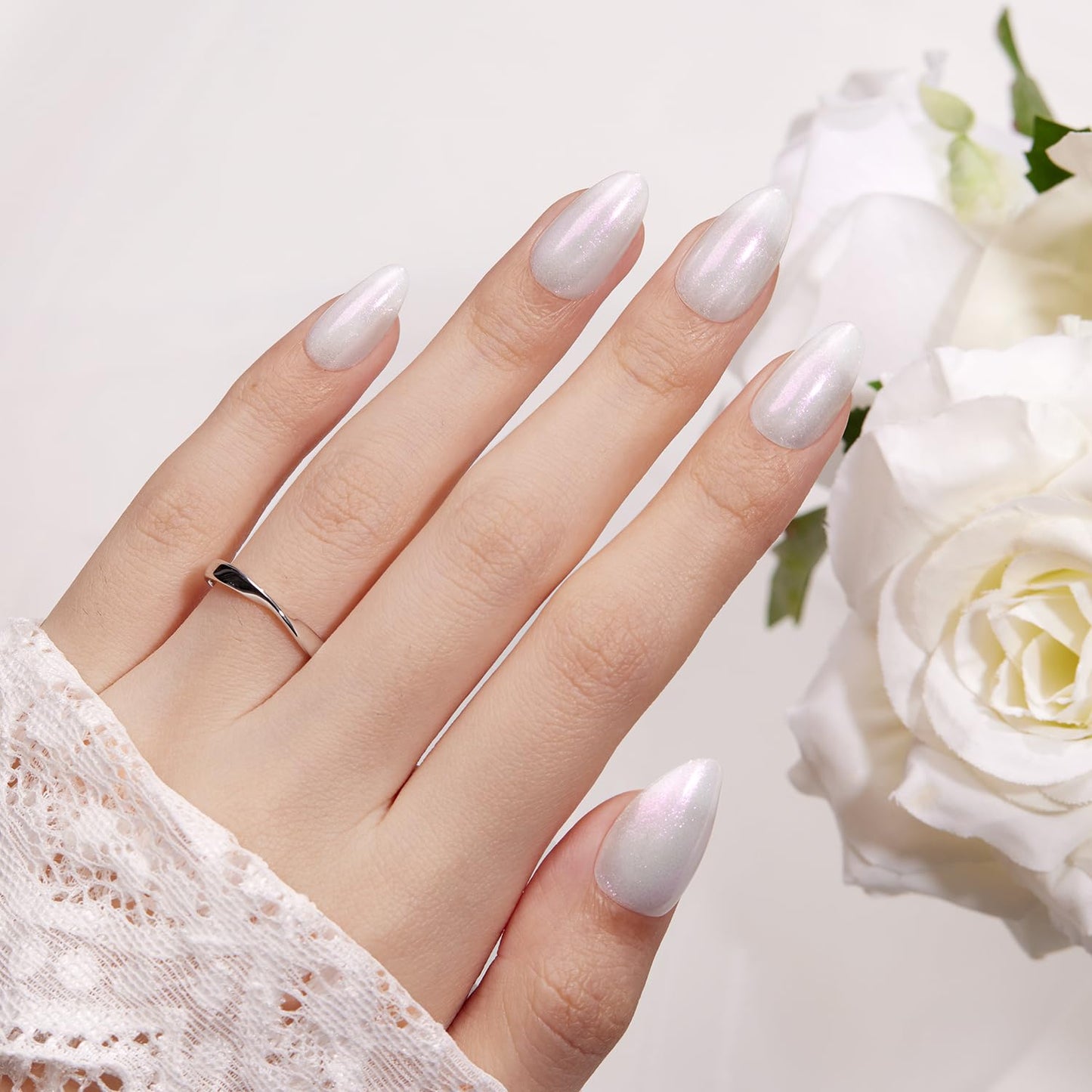 VSALON Press On Nails Short Almond, Shimmer White Opaque Fake Nails & Lamp