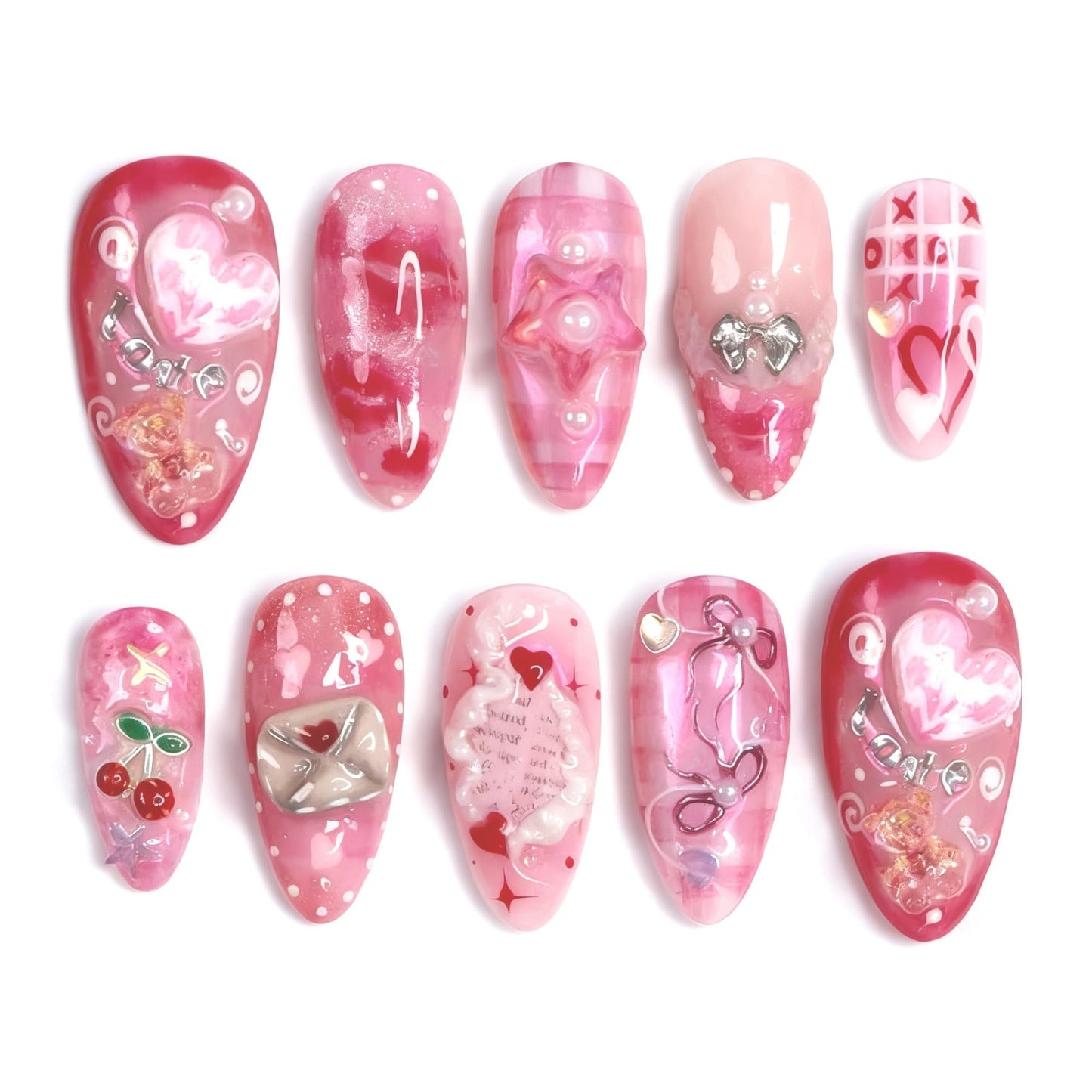 octoswave Almond Press on Nails Medium Fake Nails Cute Pink Love Artificial Nail 3D Sparkly Charm Stick on Nail for Women 30pcs