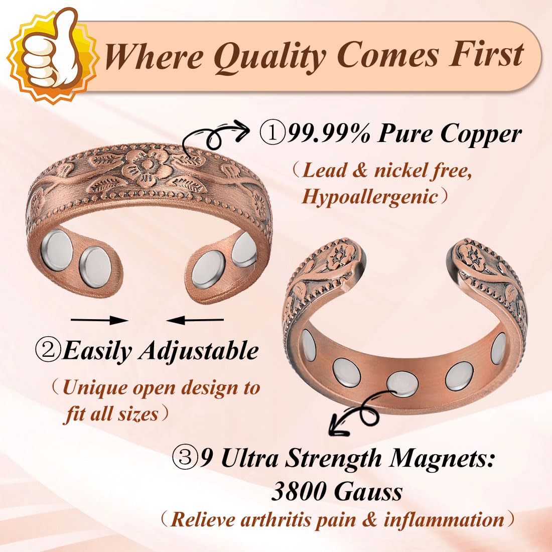 Cigmag 9X Copper Rings for Women Men, with Powerful Magnets, Adjustable Solid Pure Copper (Plum)
