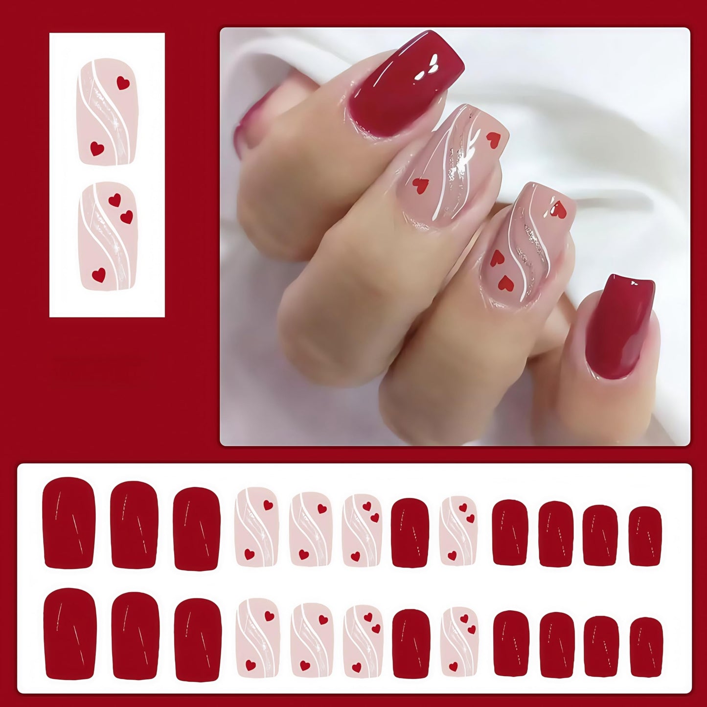 24Pcs Valentine's Press on Nails Short Square Fake Nails Little Love Heart Acrylic Nails White Gold Glitter Line Design Artificial Stick on False Nails Glue on Nails for Women Valentines Nail Gift
