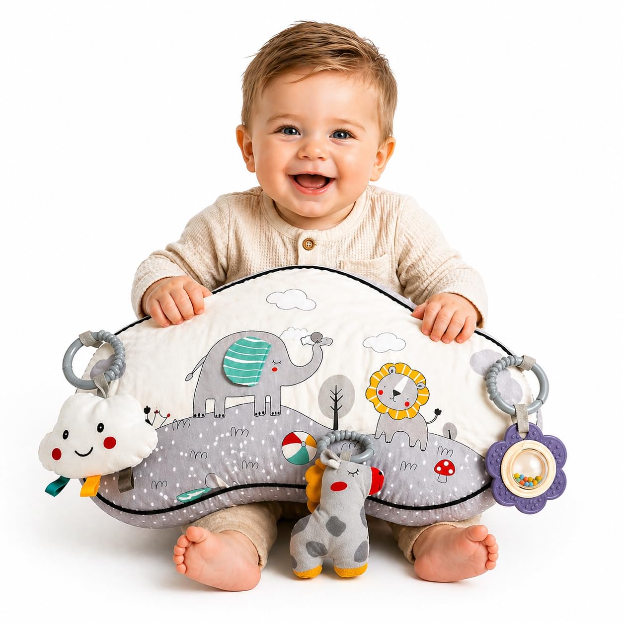 Autumn Bliss Co Tummy Time Activity Toy with 3 Detachable Sensory Toys | Baby Tummy Time Pillow for Infants 0-9 Months | Soft Breathable Tummy time Wedge Pillow with Rattle, Crinkle & Teether Toys