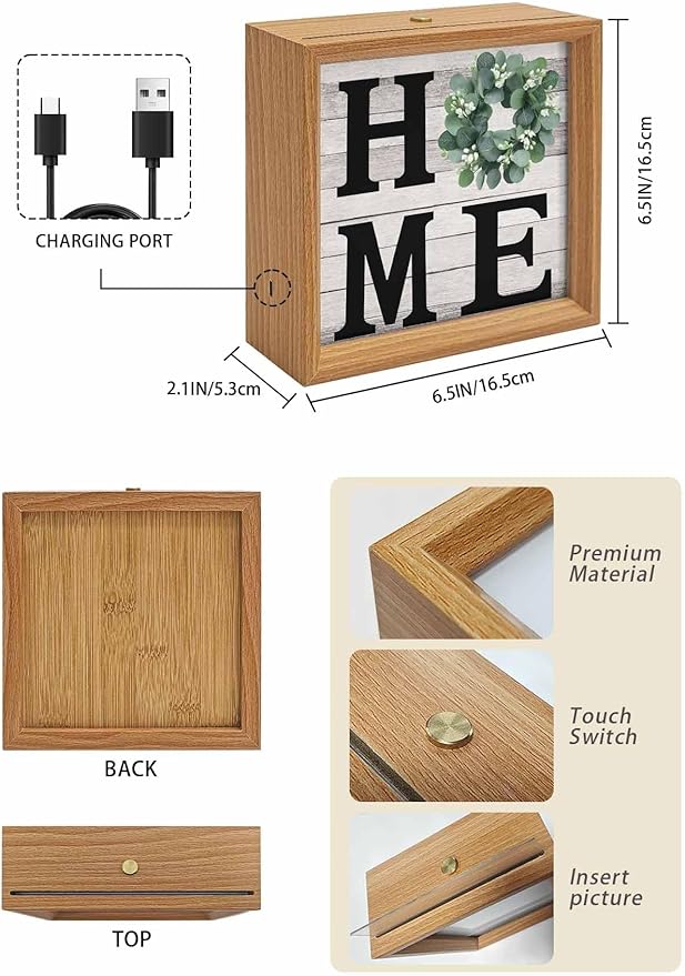 Wood Night Light Box 6.5x6.5in,Home Green Eucalyptus Wreath Table Lights Wooden Picture Frame with USB Rechargeable Touch LED Lights for Home Decor Desktop Display,Farm Vintage Wood Board