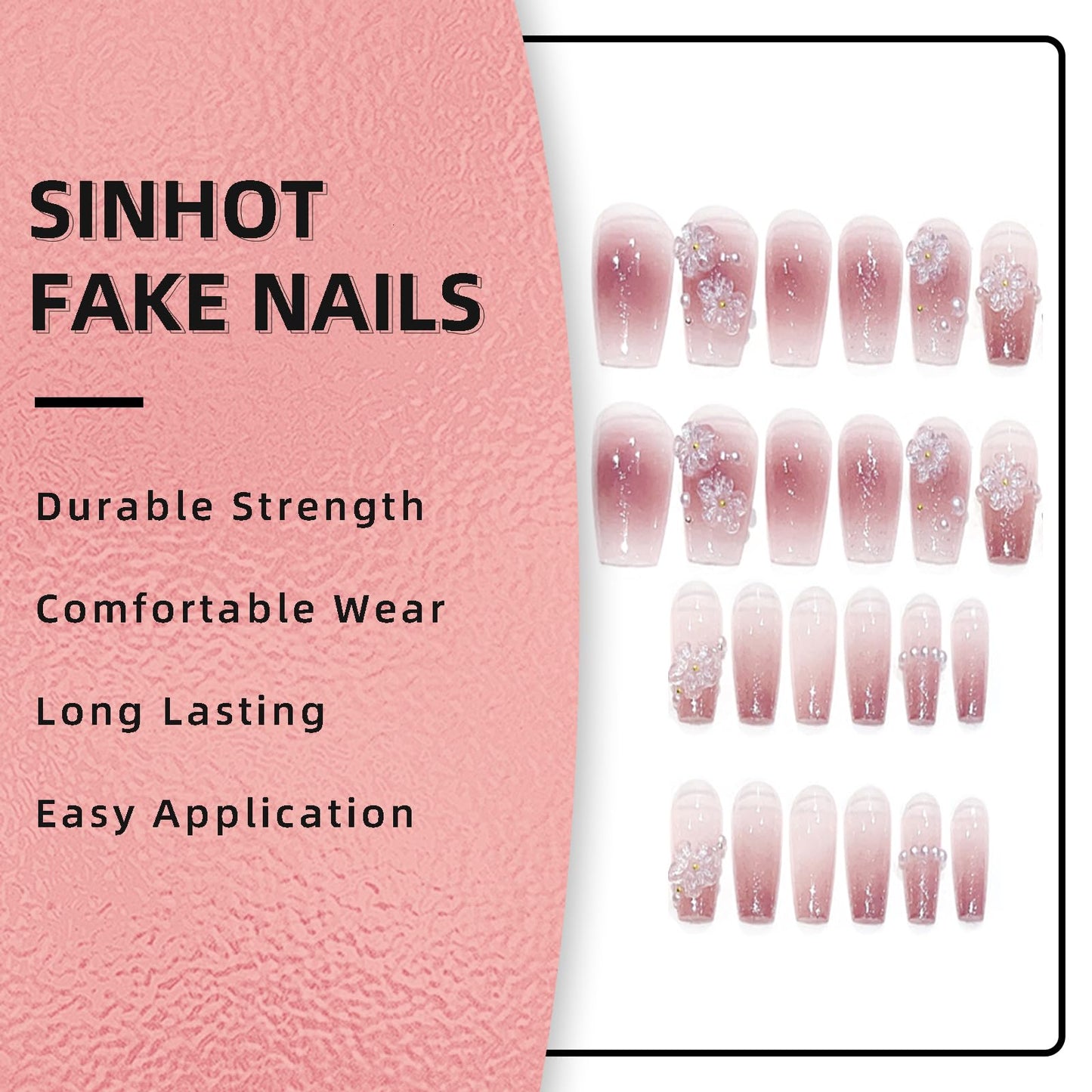 SINHOT Luxury Press on Nails - Medium Coffin Fake Nails 3D Handmade Flower & Pearls Reusable False Nails with Rhinestone Designs,DIY Artificial Nail Art, 24pcs