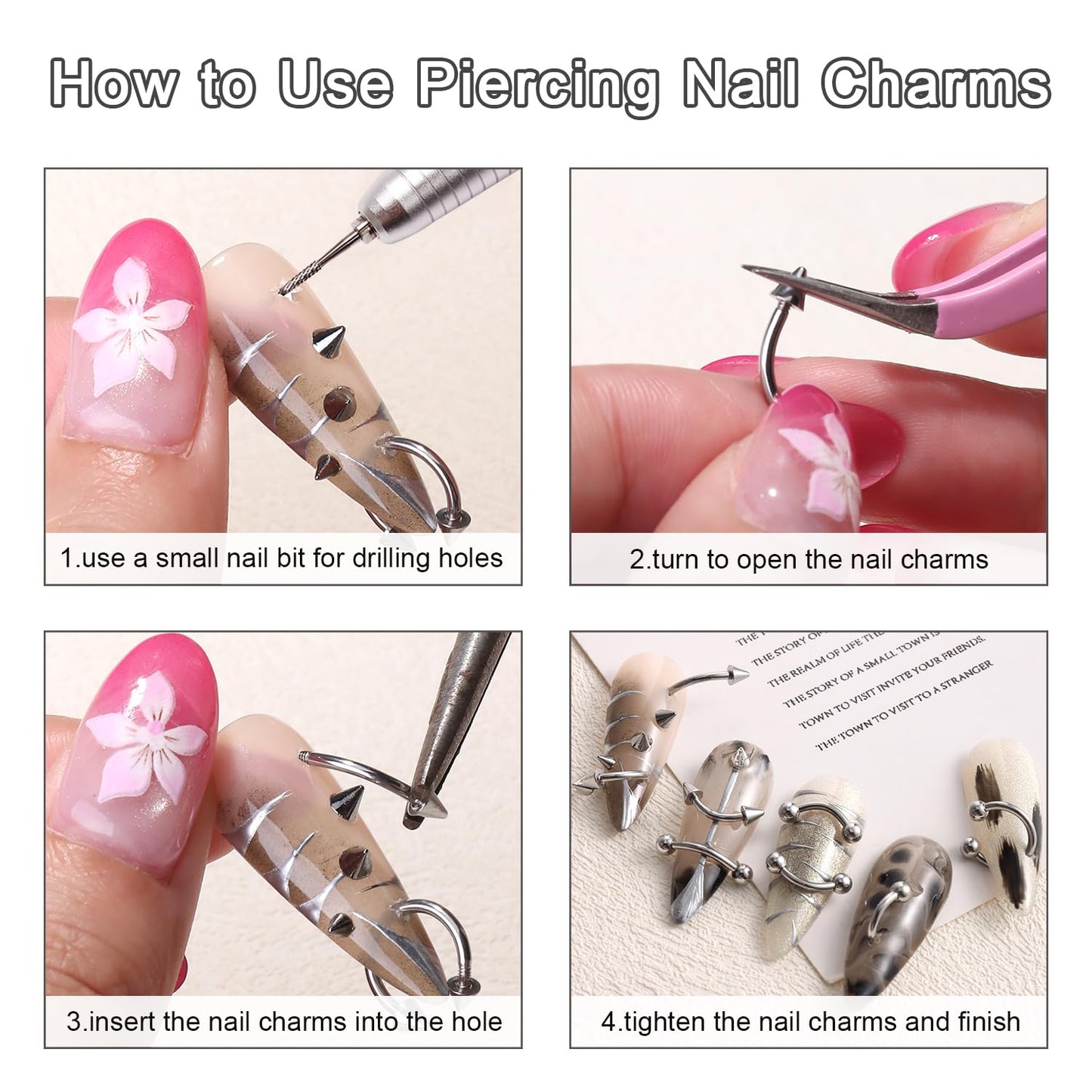 Furtherpretty Gothic Nail Charms Set, 3D Black & Silver Piercing Nail Charms with Metal Rings, Triangle Spikes & Rivet Studs for Nails, Y2K Punk Goth Nail Art Decorations Accessories with Tweezers