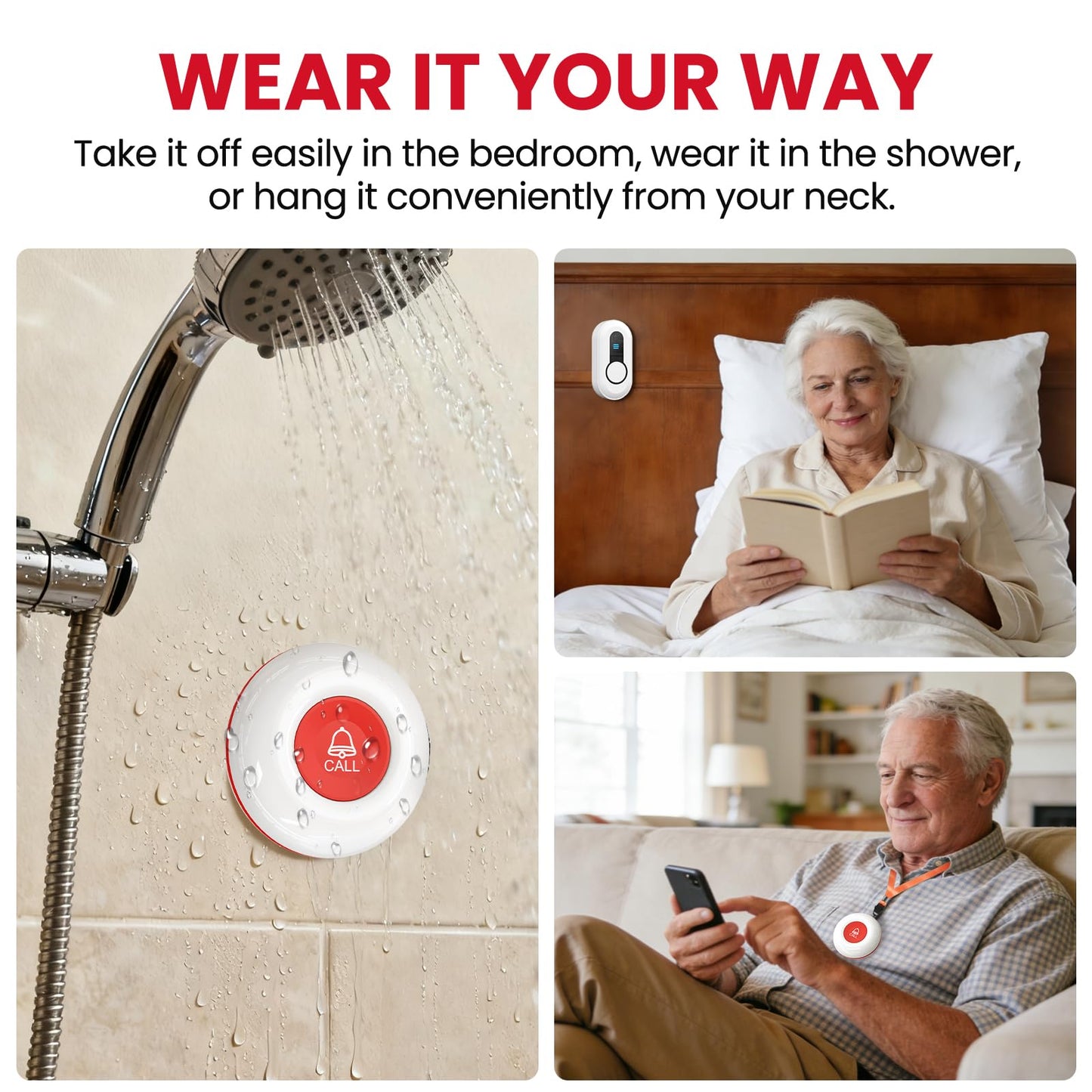 CallToU Wireless Caregiver Pager, Waterproof SOS Call Button for Elderly at Home, Life Saver Alert System for Stroke/Parkinson/Patient, 500ft Range Vibrating Receiver for Hard of Hearing (2+2 Pack)