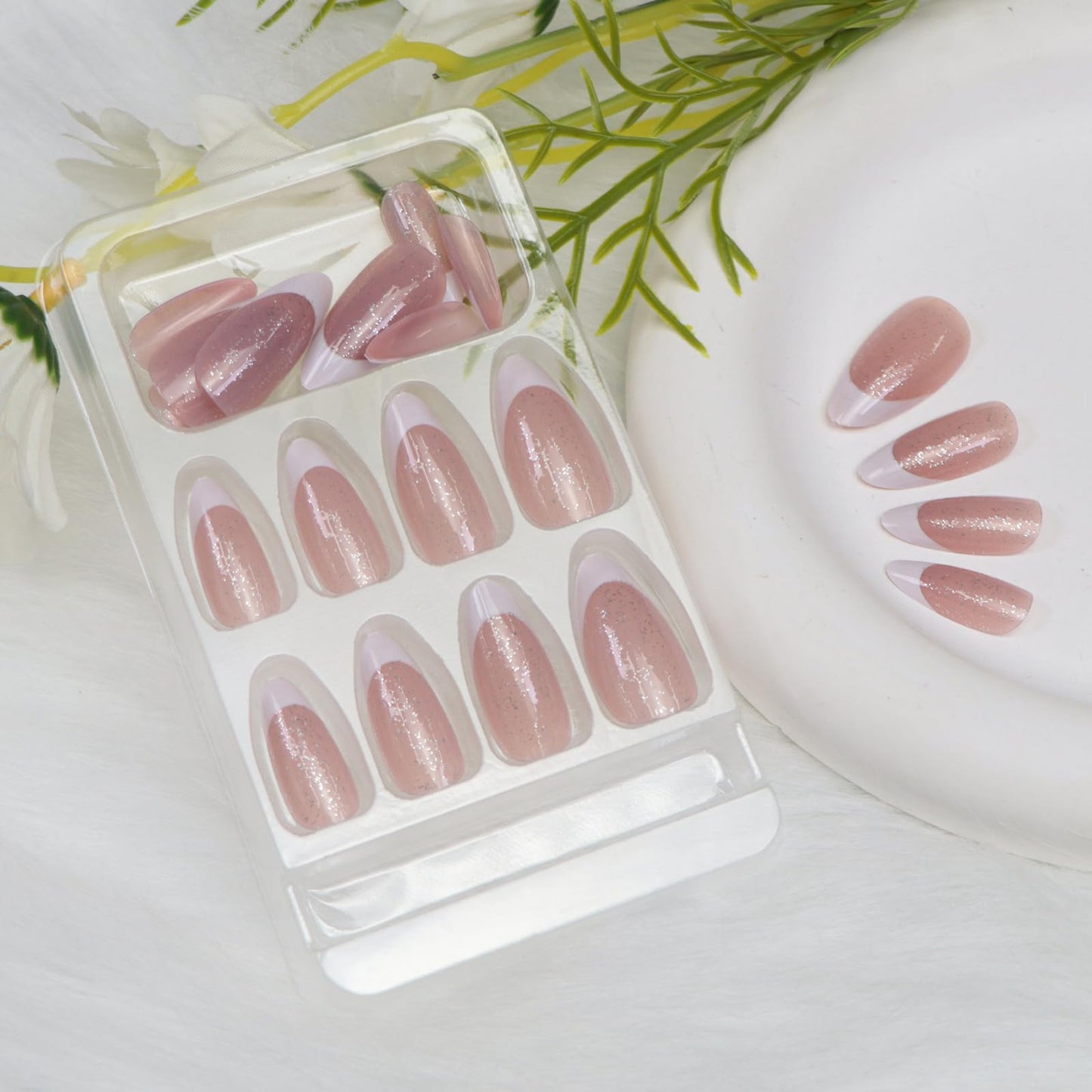 Almond Press on Nails Medium Fake Nails White French Tip Nails Press ons Glossy Glue on Nails with Glitter Designs Light Pink Stick on Nail for Women 24pcs