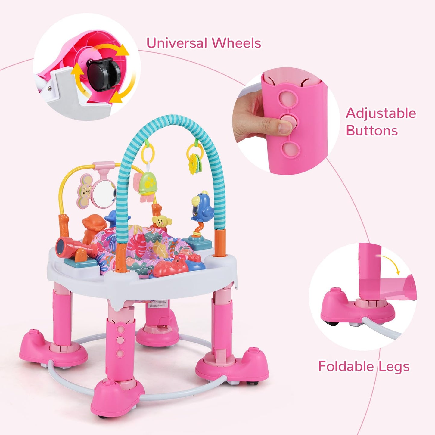 INFANS Baby Bouncer Activity Center, 5 in 1 Toddler Bouncing Activity Saucer Playtime Mat Activity Table with 360°Rotating Seat, 3 Adjustable Height, Foldable Exersaucer Learning Walker (Pink)