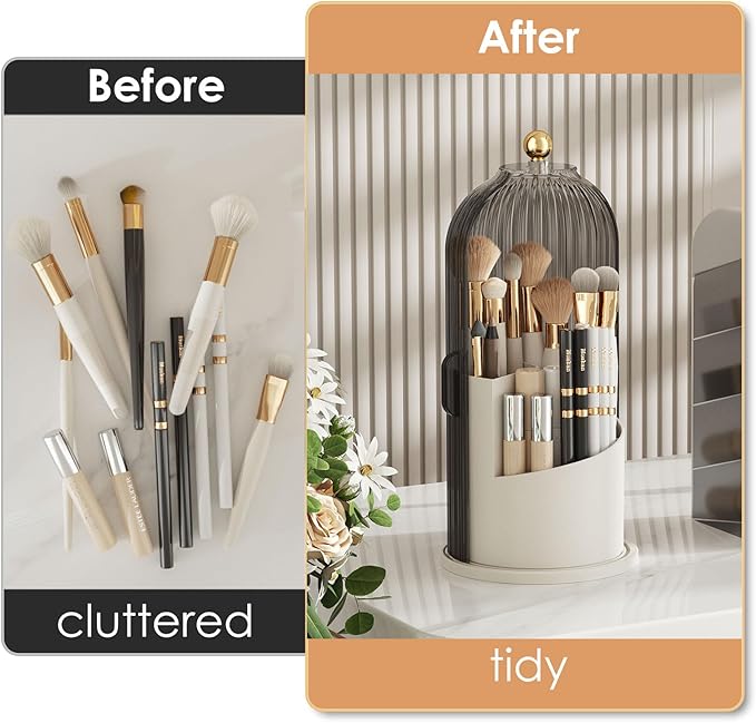 Makeup Brush Holder with Lid 360 Rotating Clear Dustproof Make Up Organizers for Vanity Bathroom Countertop, Gray