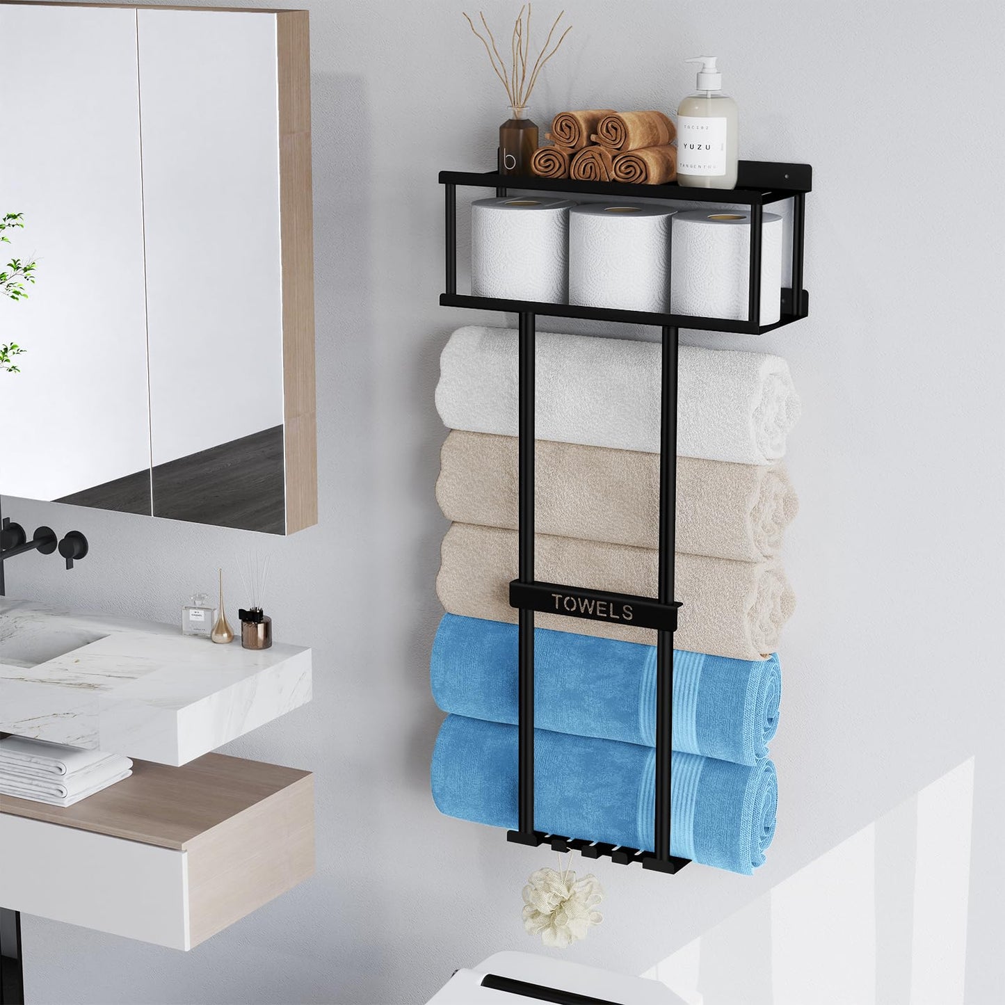 STWWO Bathroom Towel Storage Rack, Metal Towel Racks Wall Mounted Can Holds 5 Large Towels, 30.5IN Bathroom Towel Holder with Shelf & Storage Basket, Towel Organizer with 3 Hooks for RV, Apt, Black