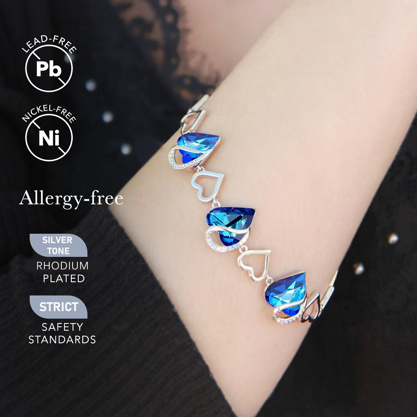 Leafael Infinity Love Heart Gift Bracelet for Women, September Birthstone Crystal, Rainbow Blue, Silver Tone, 7-inch Chain and 2-inch Extender