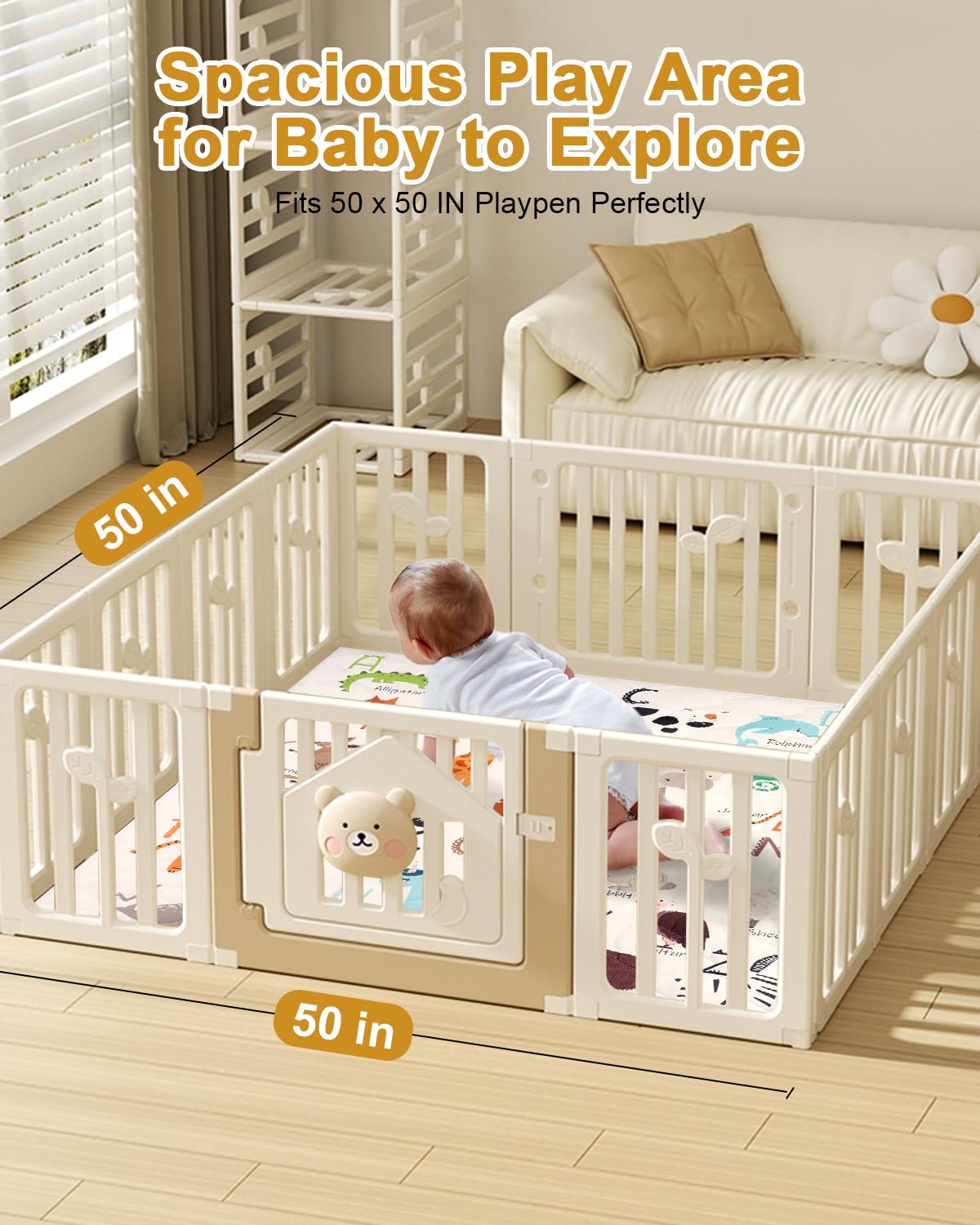TINYHARBO Premium Foam Baby Play Mat 50" x 50" – Removable & Machine Washable Cover, Extra Thick Padding Playpen Mat, Non-Slip Crawling Mat, Easy to Clean for Infants, Toddlers & Babies