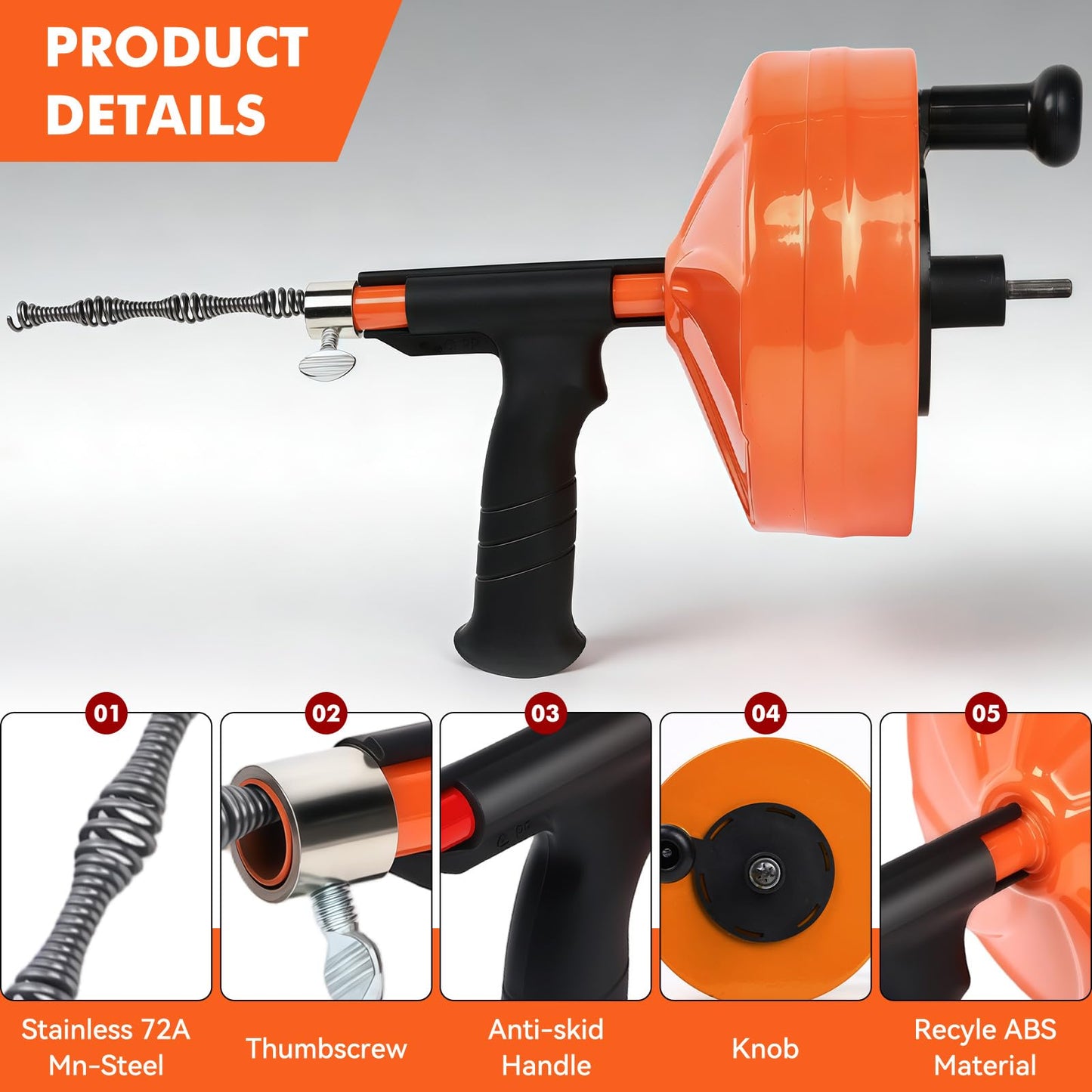 50FT Drain Auger, Dual-Mode Plumbing Snake with Drill Attachment, Sewer Pipe Clog Remover for Kitchen/Bathroom/Shower/Toilet, 6 Hair Clog Removers + Storage Bag, Destapador de tuberia (50 FT, Orange)