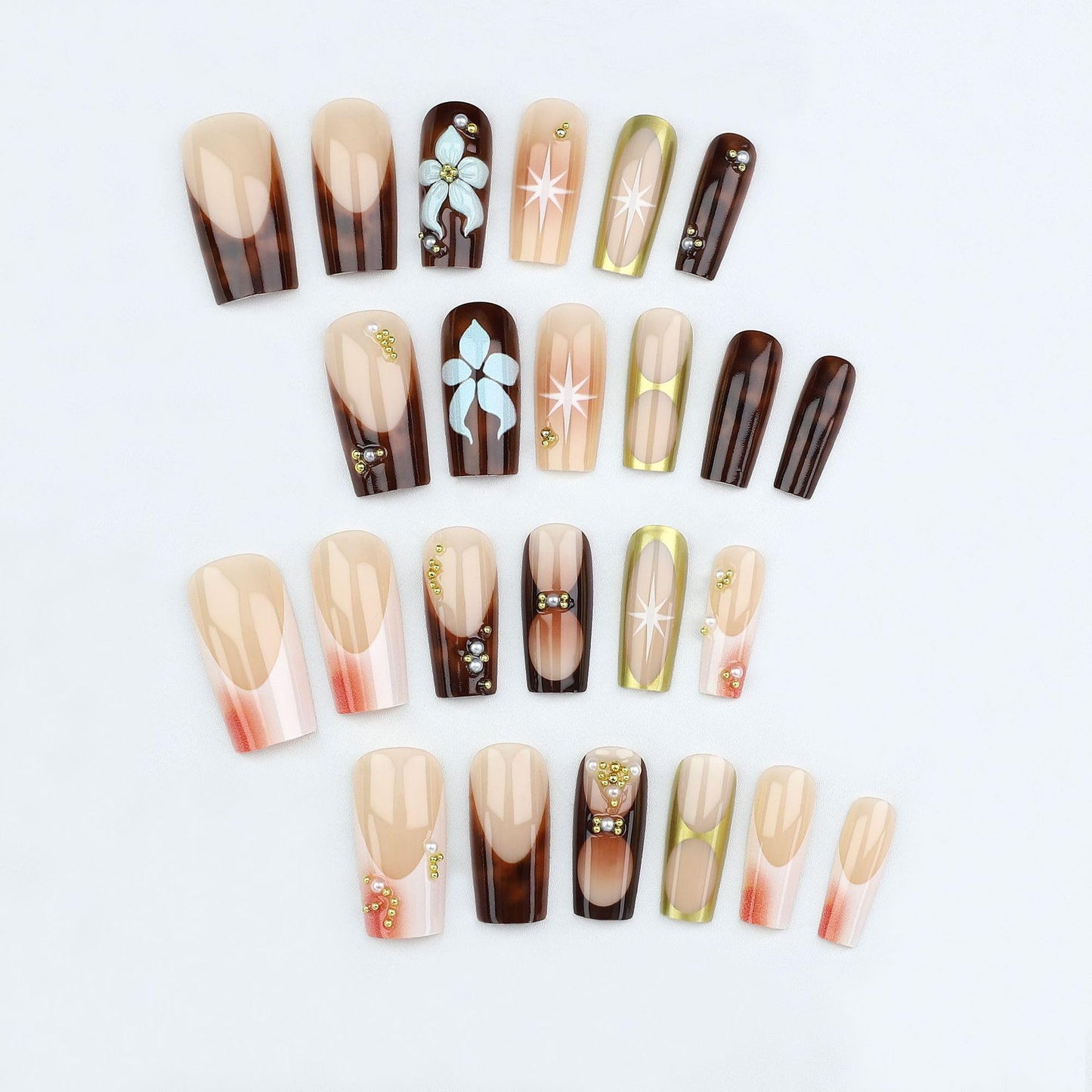 plalely Press on Nails French Tip, Handmade Acrylic Press on French Tip Nails with Flower Designs，Long Square Nail Press Ons for Women 24pcs
