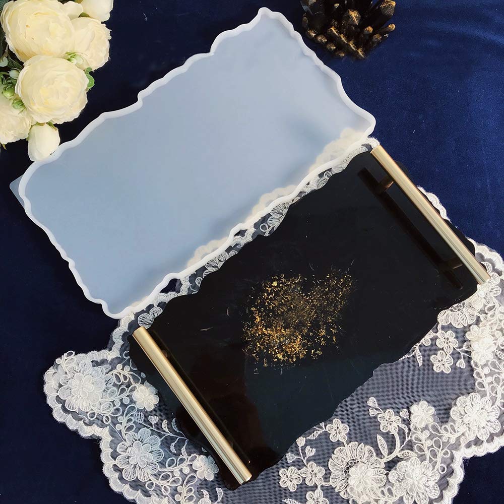 RESINWORLD 2 Size 14 inches XL Large Tray Silicone Molds Epoxy Resin Geode Tray Mold with Gold & Silver Handles DIY for Making Tray (Rectangle)