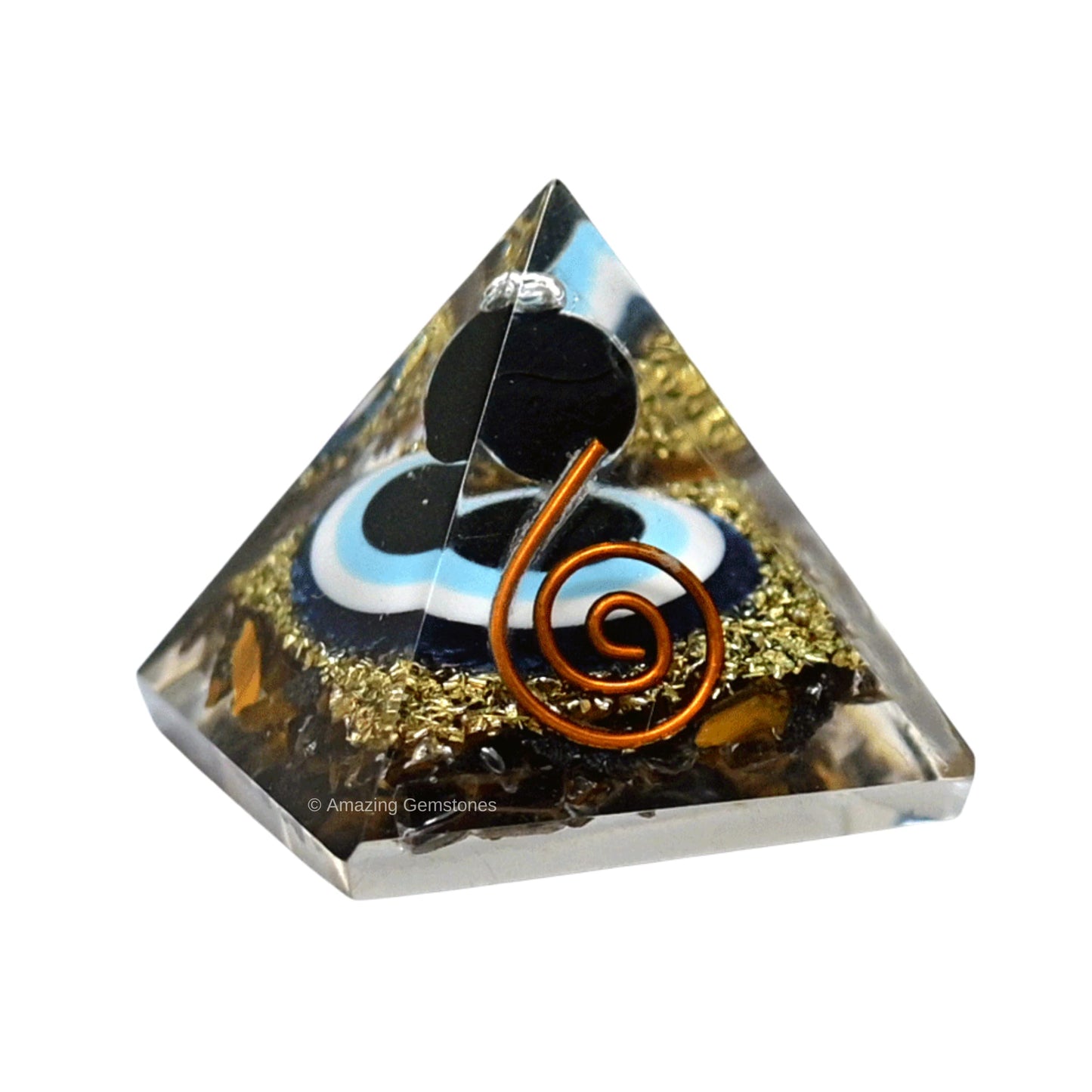 Amazing Gemstone Ultimate Protection Orgone Pyramid with Evil Eye Black Obsidian Sphere - Triple Protection Crystals Tiger Eye Hematite & Black Obsidian (30mm, Small)