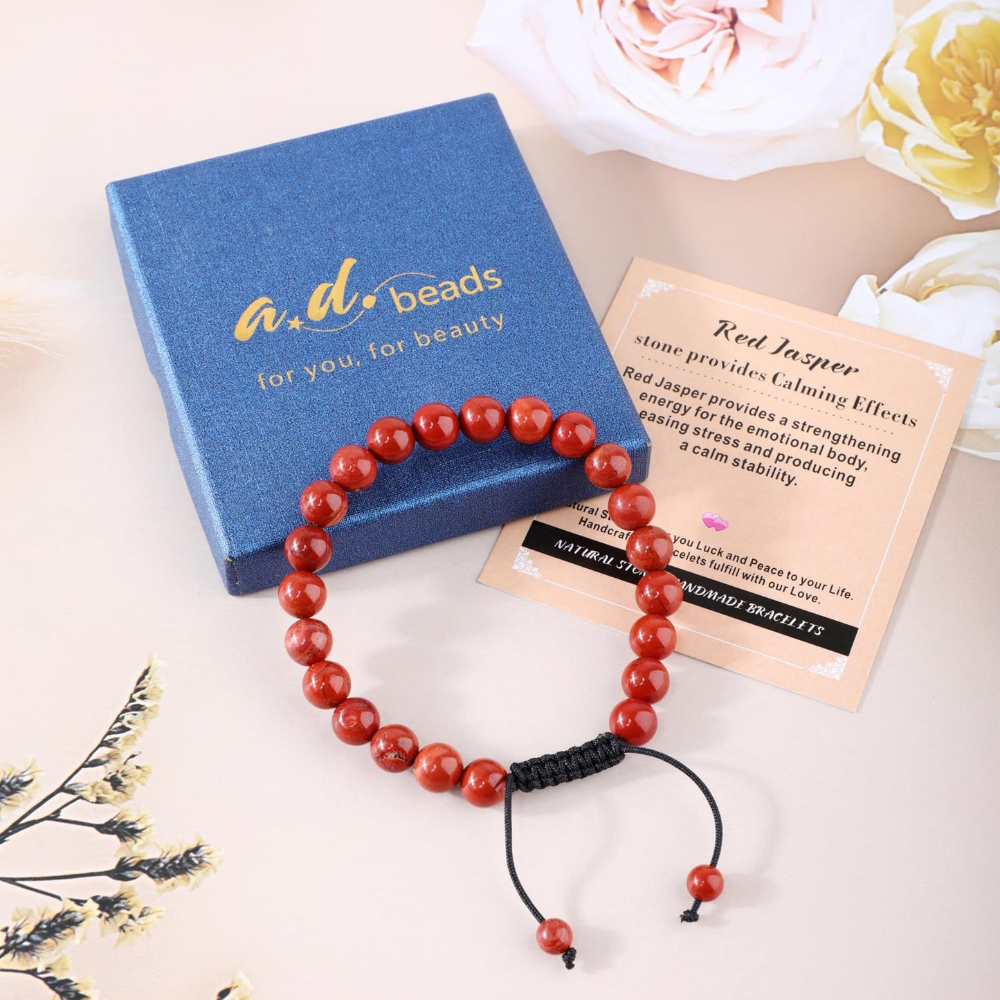 AD Beads 4mm Red Jasper - Stone Pepvodes Calming Effects - Handmade Natural Stone Crystal Bracelet with Adjustable Macrame String - Yoga Healing Power Energy Gifts for Men and Women