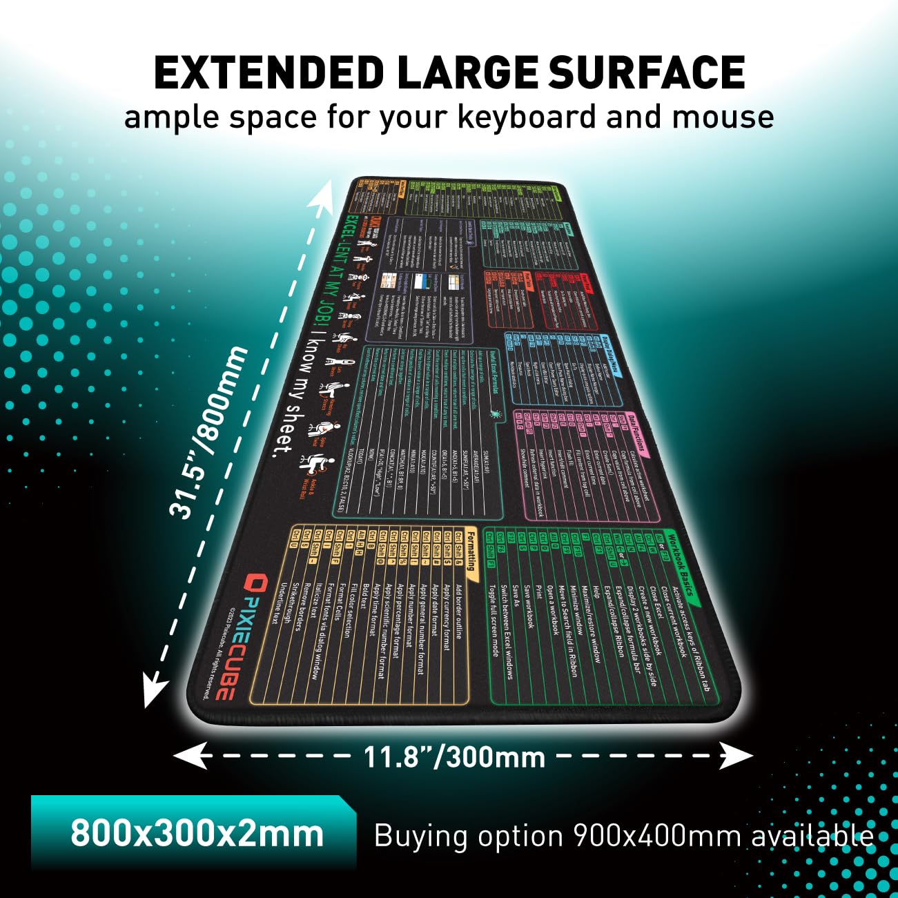 Pixiecube Excel Shortcut Keys Mouse Pad - Extended Large XL Cheat Sheet Gaming Mousepad | PC Office Spreadsheet Keyboard Mat | Non-Slip Stitched Edge