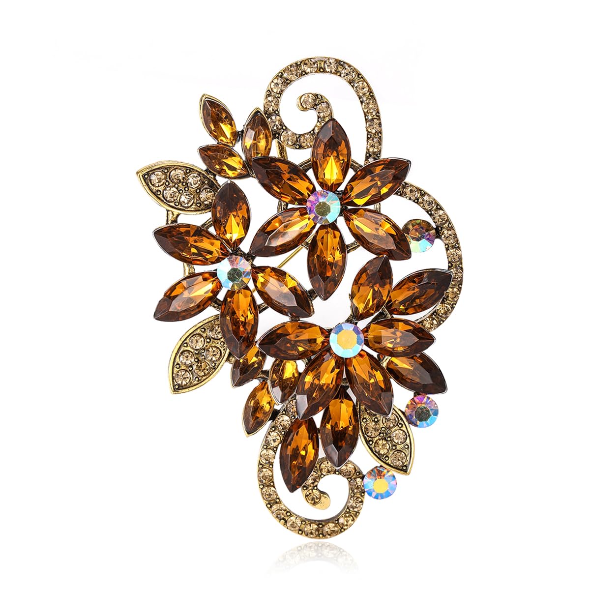 YOQUCOL Vintage Brown Austrian Crystal Rhinestone Flower Shape Brooch Pin For Women