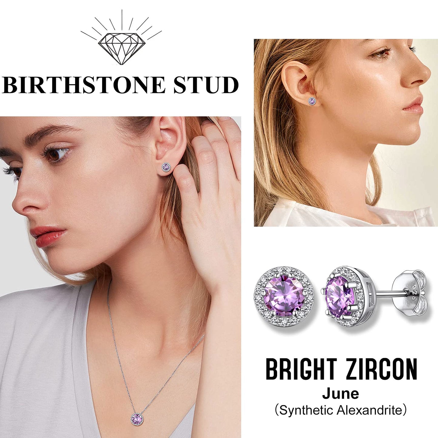 Bestyle Flattering June Alexandrite Round Crystal Earrings CZ Stud Earrings for Women Dainty 925 Sterling Silver Hypoallergenic Earrings for Women