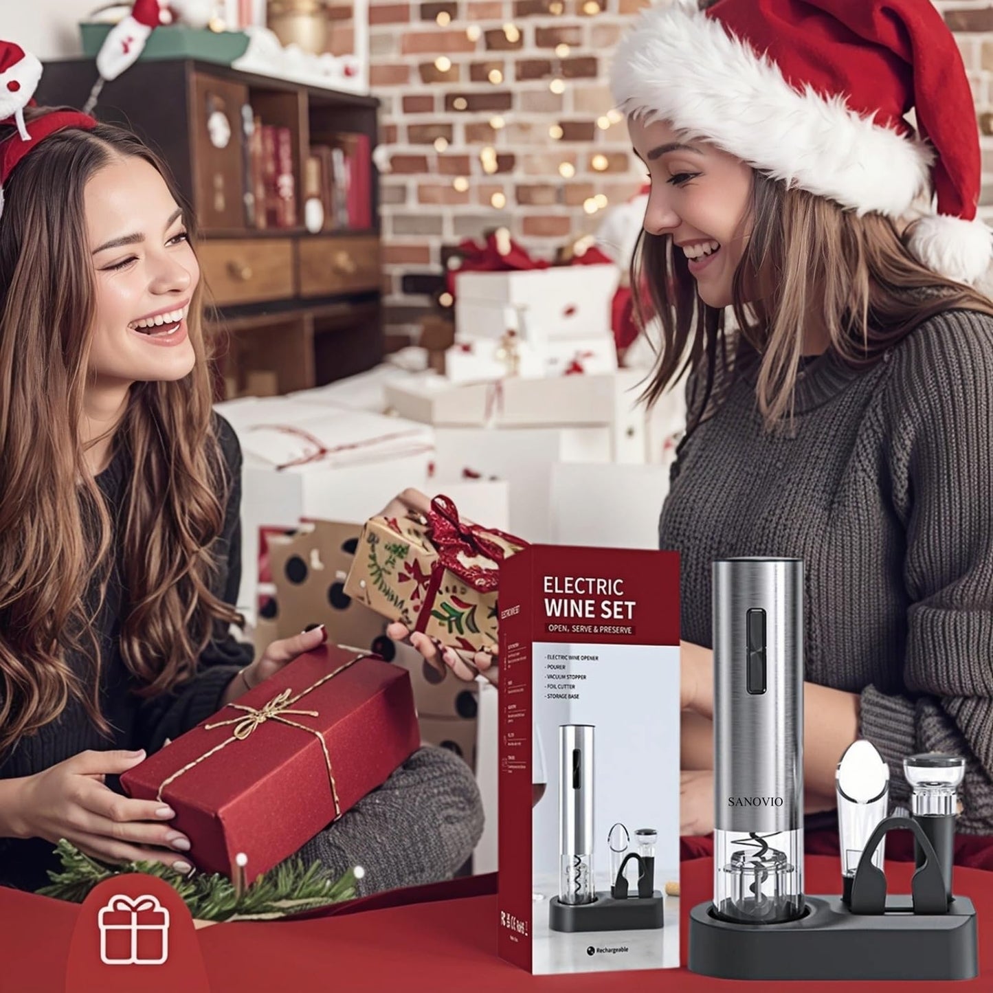 SANOVIO 6-in-1 Electric Wine Opener Set - Rechargeable Automatic Corkscrew with Vacuum Sealer, Wine Aerator, Foil Cutter & Charging Base,Valentine's Day Gifts, Wine Lovers (Stainless Steel)