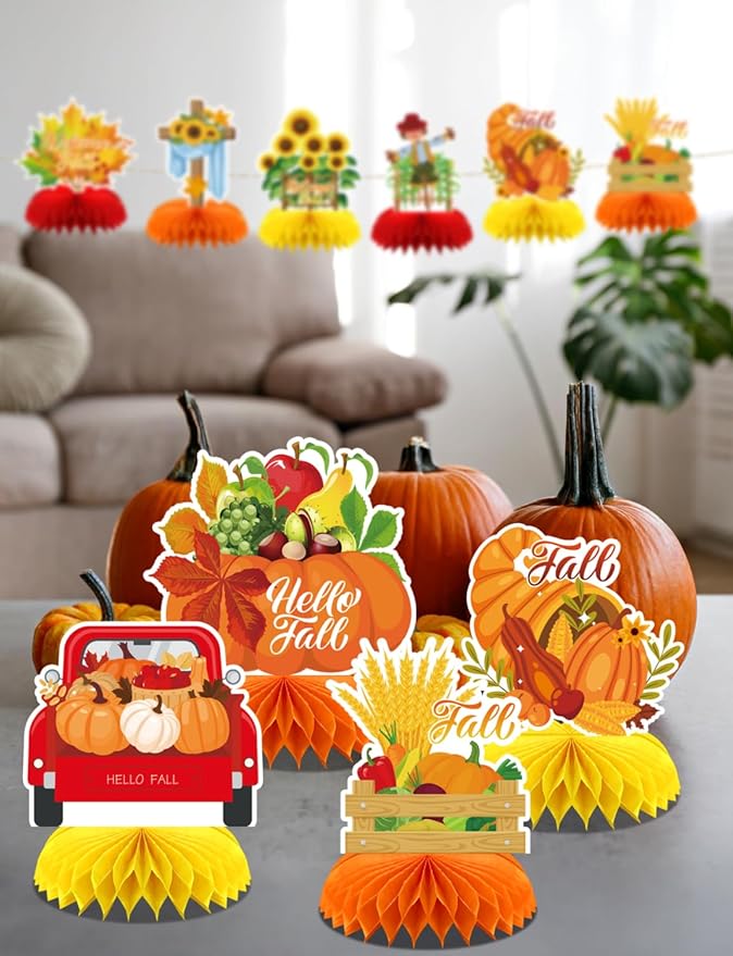 Fall Table Decorations - 9Pcs Fall Honeycomb Centerpieces for Tables with Pumpkins, Sunflowers, Scarecrow, Squirrel for Thanksgiving Dinner, Autumn Harvest Festival, Rustic Fall Party Decorations