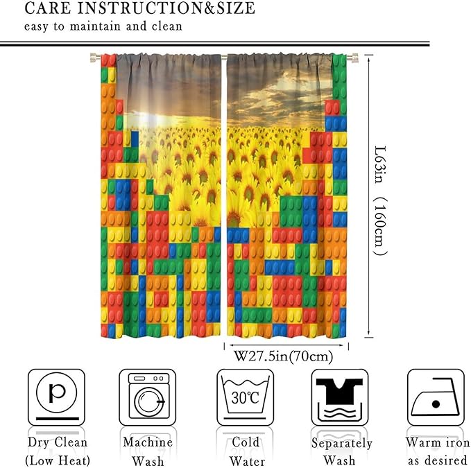 Colorful Building Blocks Sunflower Flower 3D Toy Printed Curtains, Building Blocks, Floral Sunflower Curtains, Interesting Brick 3D Design, Boys and Girls Room Curtain Panels, 2 Panels 55x63in