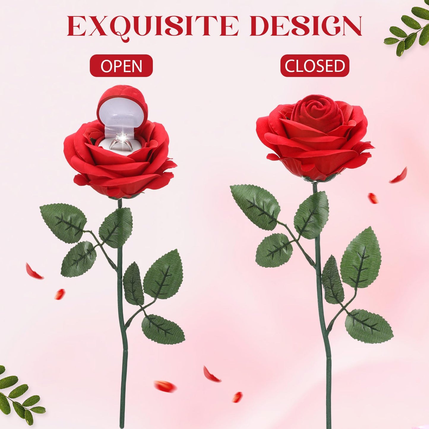 CroBlissful Noble Red Rose Ring Box Jewelry Box Case Engagement Ring Box with Stem for Wedding Proposal(Classic Style)
