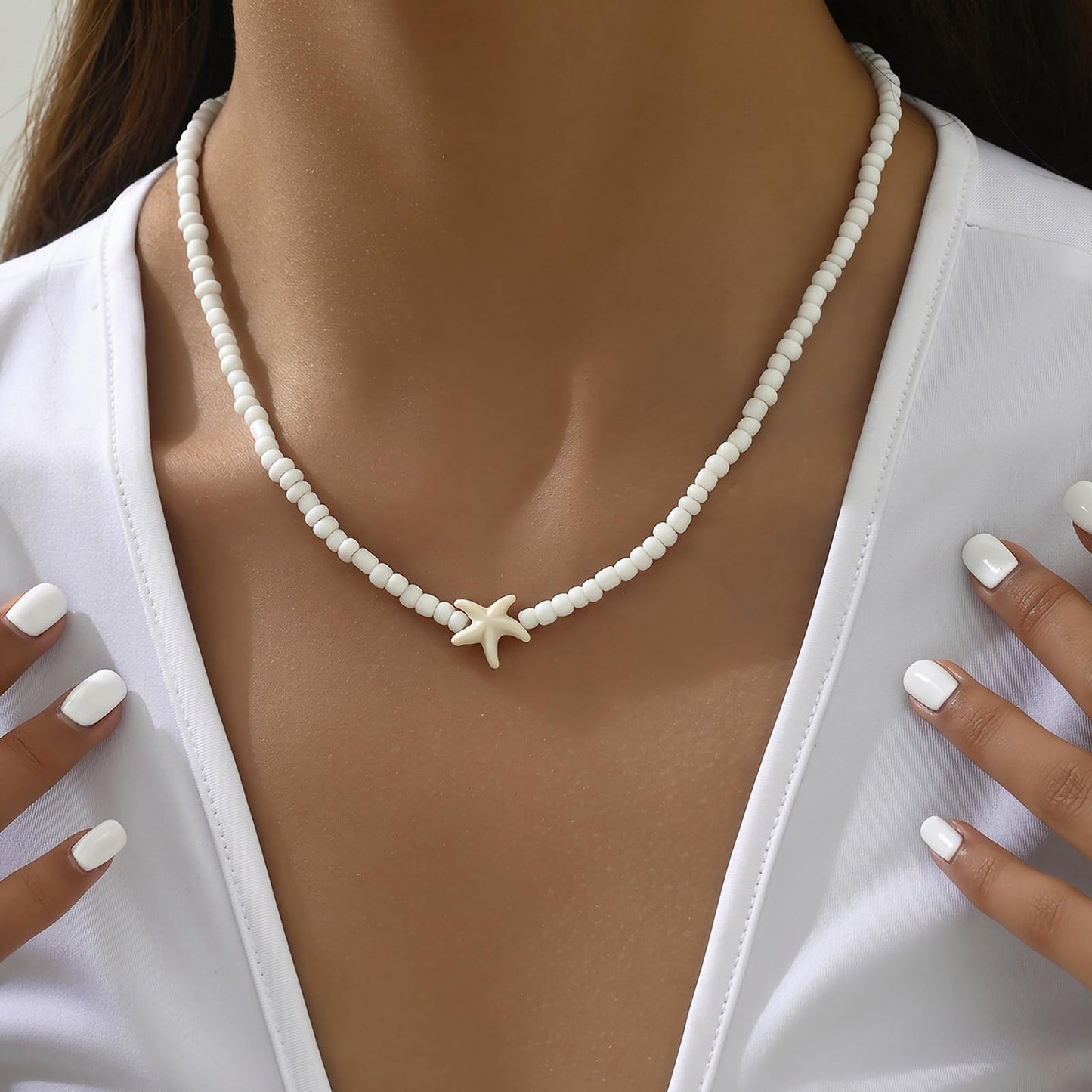Nackiy Handmade Sea Shell Necklace Choker For Women Summer Adjustable Natural Shell Collar Necklace (Beige Starfish)