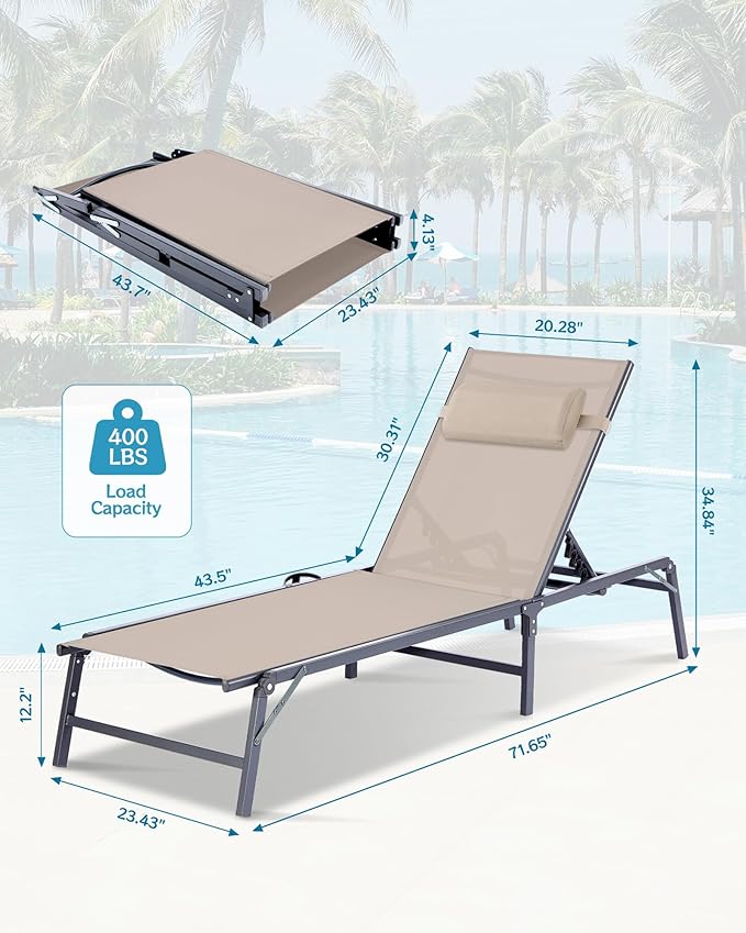 4 Pack Foldable Chaise Lounge Chair with Cup Holder, Assemble-Free Outdoor Lounge Chair with Detachable Pillow and 6 Adjustable Backrest, Patio Lounge Chair for Outside Poolside Beach Pool, Khaki