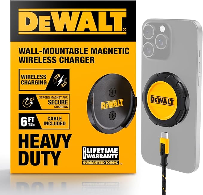 DEWALT Heavy Duty Wireless Charger, 15W Max Cell Phone Charger, Fast Wireless Charging Pad for MagSafe Compatible iPhone 17/16/15/14/13/12 Plus Pro Max, Includes Wall Mounting Plate (No AC Adapter)