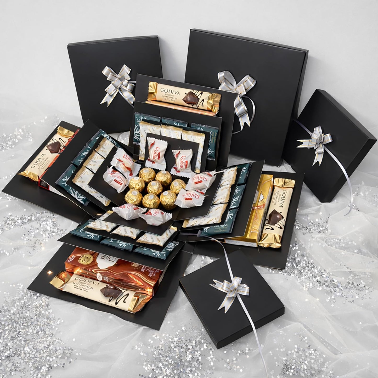 4-Layer Explosion Gift Box, 10''x10''x7'' Black Creative Gift Boxes for Presents, DIY Surprise Gift Box Explosion for Birthday Birthday Easter Mother's Day and Father's Day Anniversaries (Black)