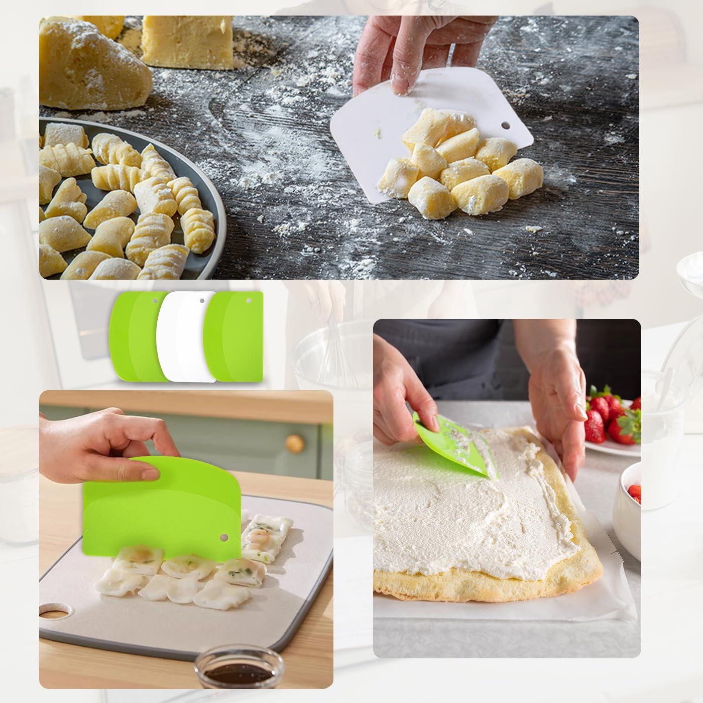 5 Pcs Bench Scraper, Bench Scraper Kitchen 2 Pcs Stainless Steel Dough Scraper with Wood Handle and 3 Pcs PP Food Scraper with Hanging Hole, Multipurpose Bread Dough Cutter for Baking-Green