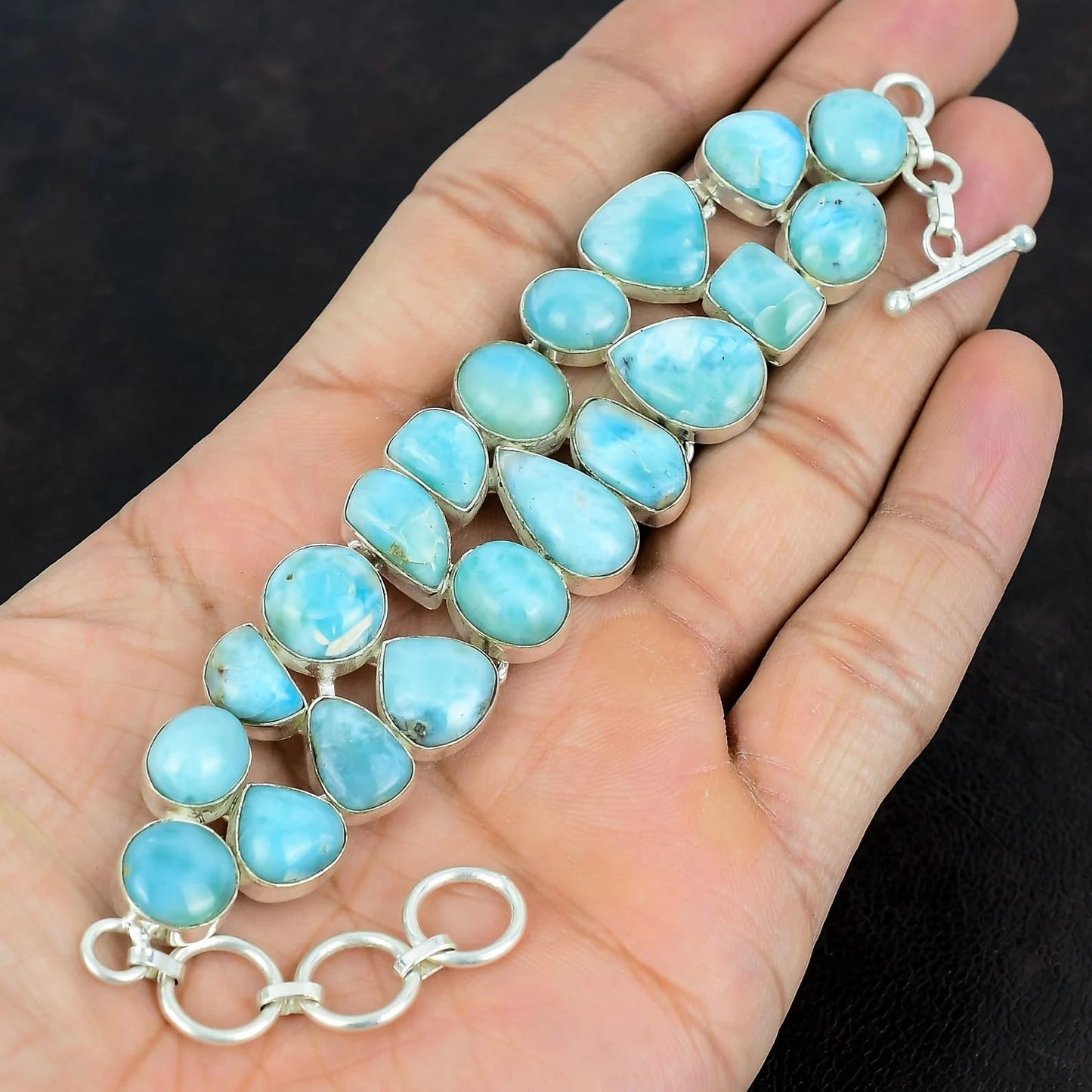 Solid 925 Sterling Silver Larimar Gemstone Bracelet – Natural Blue Larimar Stone, Women’s Stretch Silver Bracelet