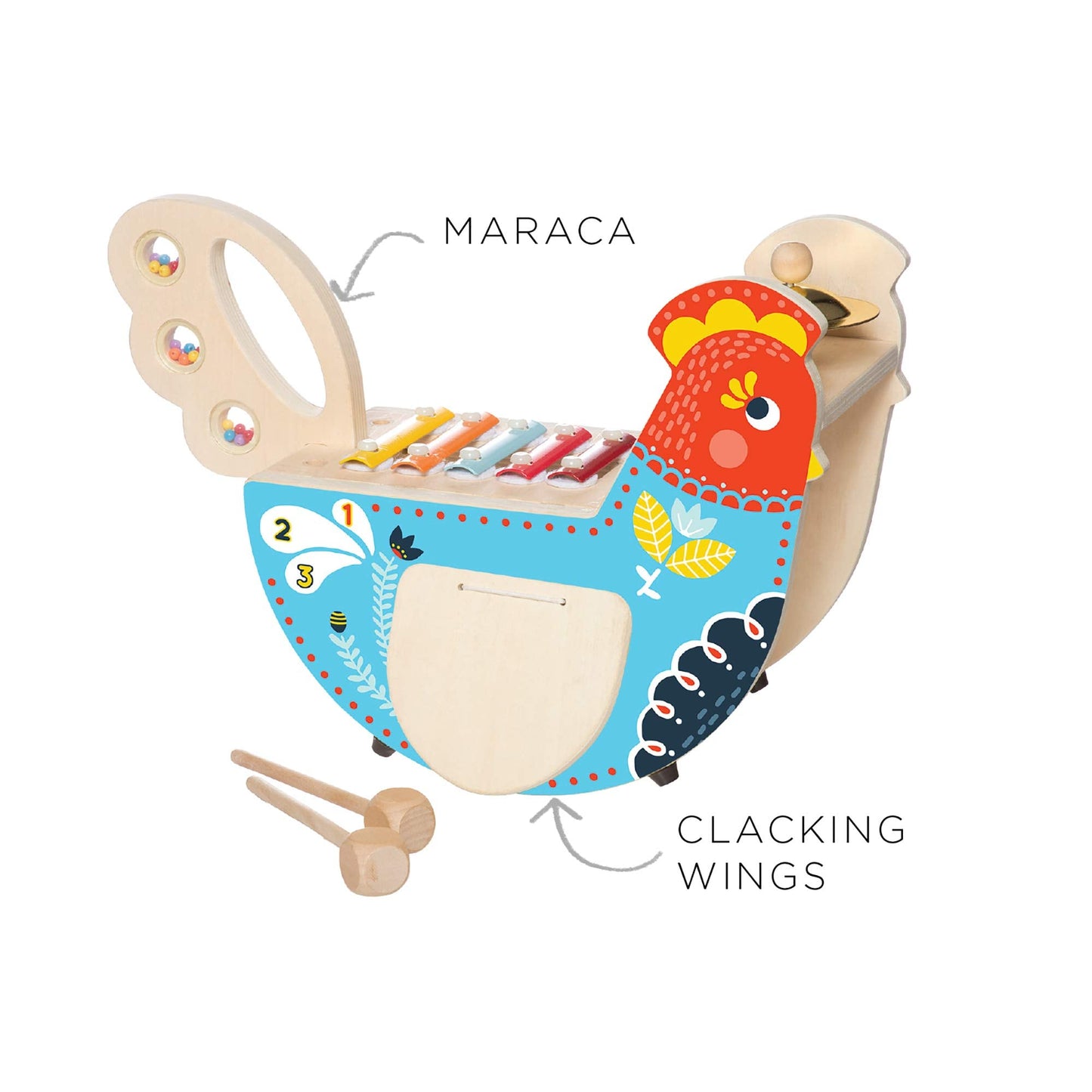 Manhattan Toy Musical Chicken Wooden Instrument for Toddlers with Xylophone, Drumsticks, Cymbal and Maraca,Blue