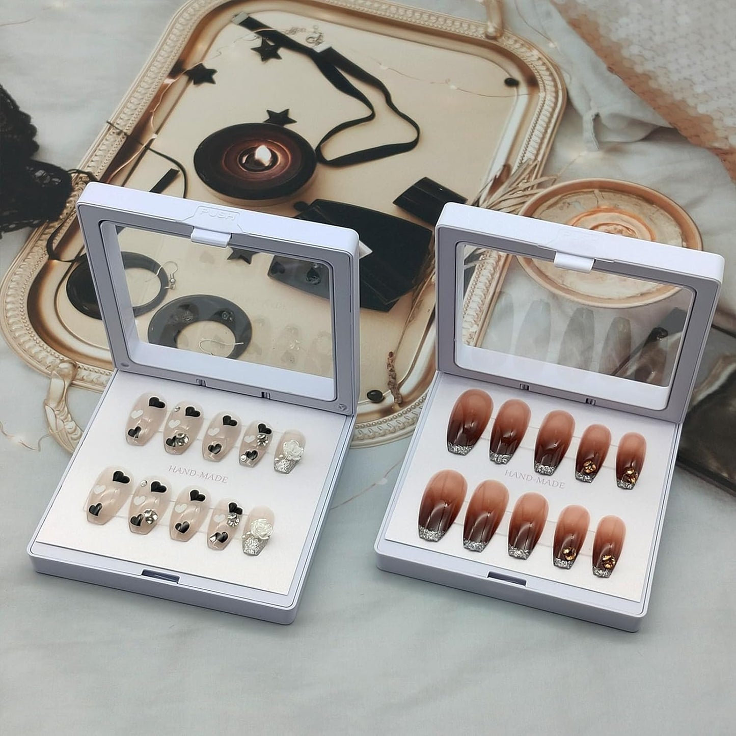 GUXACU Press On Nail Packaging Boxes - 3D Floating Storage and Display Box With 60pcs Double Sided Adhesive Tape for Nail Tech