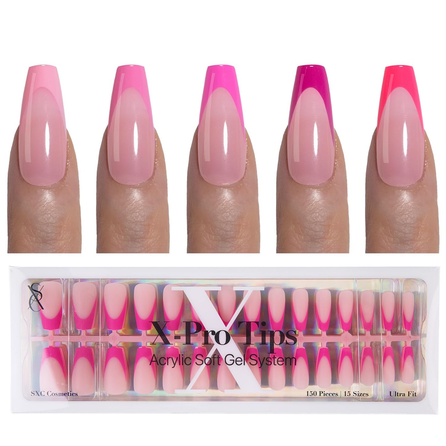 SXC Cosmetics French Tip Press On Nails 150 Pieces in 15 Sizes Ultra Fit with Pre-applied Tip Primer and Base Coat, No Need to File Fake Nails for Nail Art DIY X-Pro Tips (5PINK120-M Coffin)