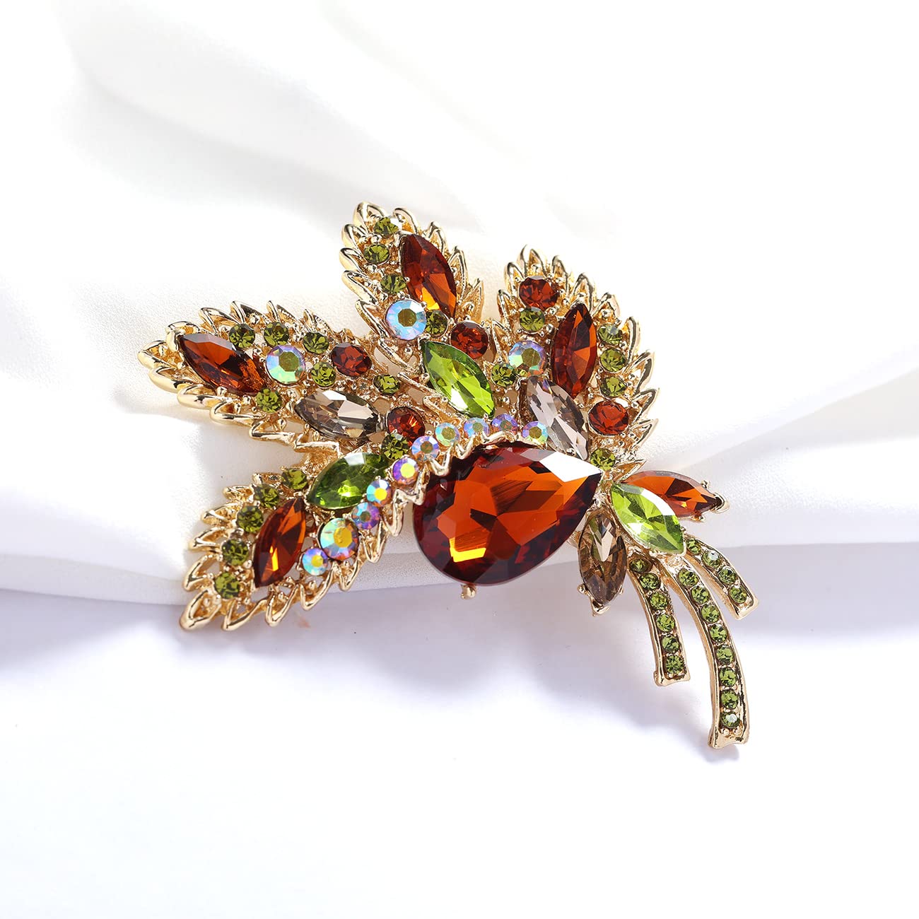 YOQUCOL Brown Austrian Crystal Leaf Shape Bouquet Big Large Brooch Pin Rhinestone Scarf Decoration Wreath Cloth Pin For Women