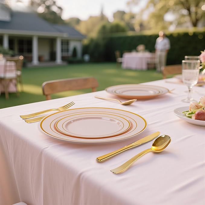 100PCS Pink Plastic Plates, 10 Inch Disposable Dinner Plate Party with Gold Rim, Heavy Duty Disposable Plastic Plates for Party, Wedding & Birthday & Valentine's Day