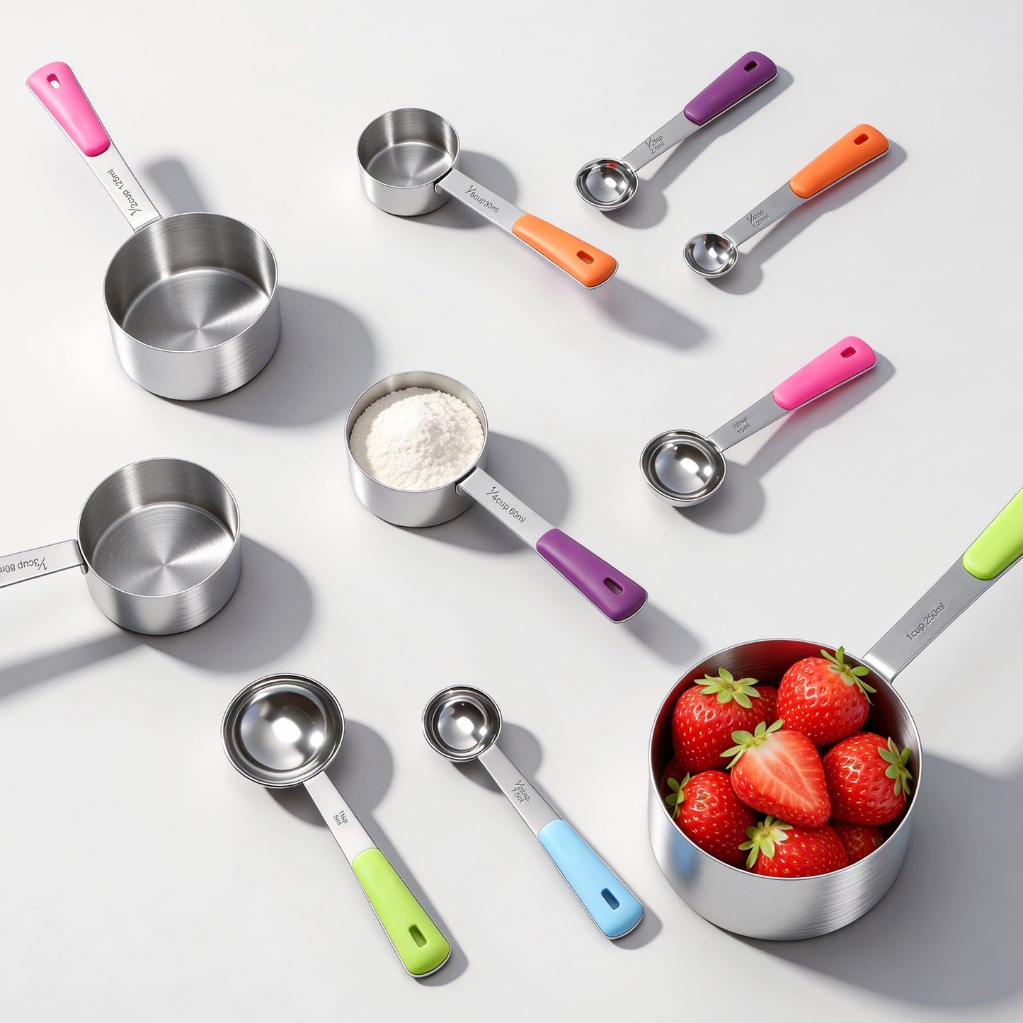 Bopei Measuring Cups and Spoons Set Stainless Steel 10 Piece for Cooking and Baking (5 Cups + 5 Spoons, Colorful Handles)