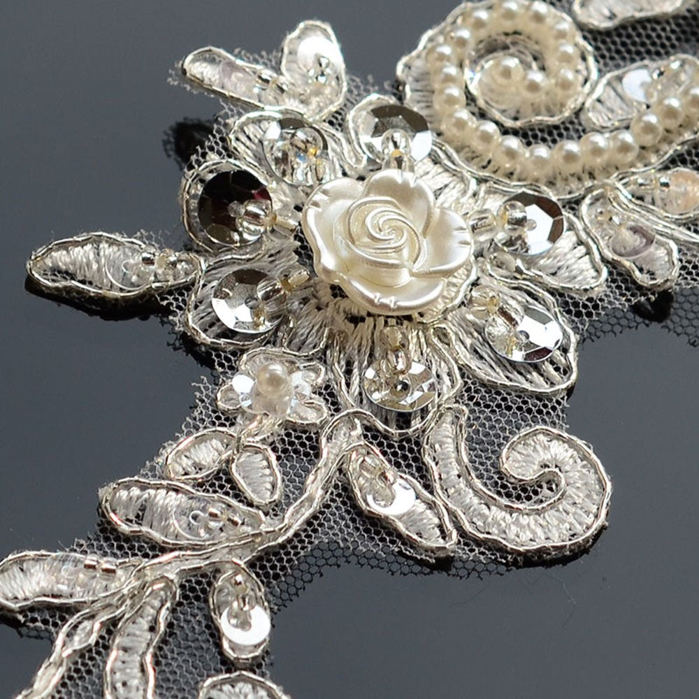 Bling Paillette Rhinestones Lace Appliques Pearl Beaded Bridal Applique Sewing Patch for DIY Wedding Belt Shoes Ivory (2 Pieces)