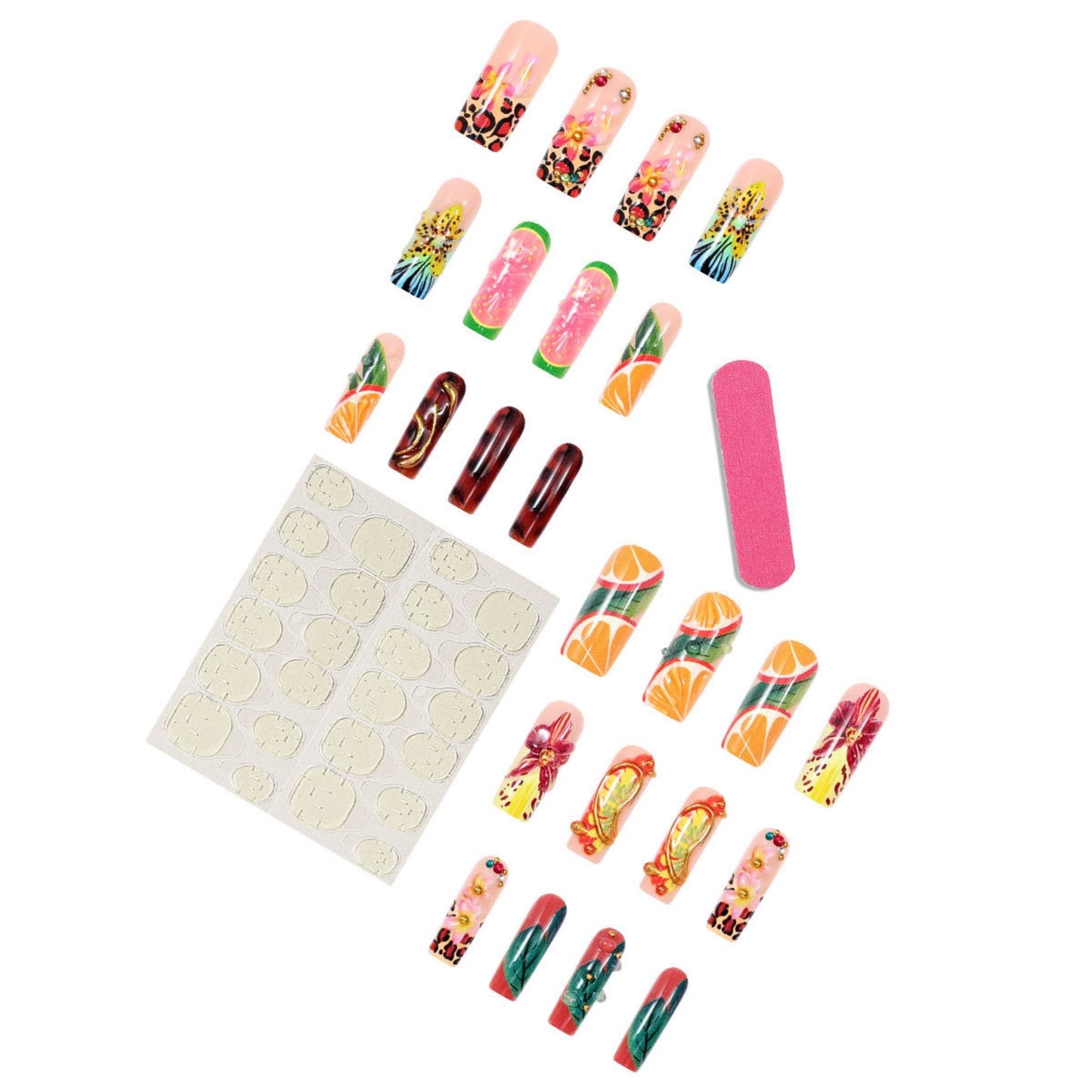 Long Press on Nails Square Fake Nails Multicolor Tropical Acrylic Nail Press Ons Seeneey 3D Flower and Fruit Leopard Designs Summer Beach Extra Long Stick on Nail for Women 24pcs