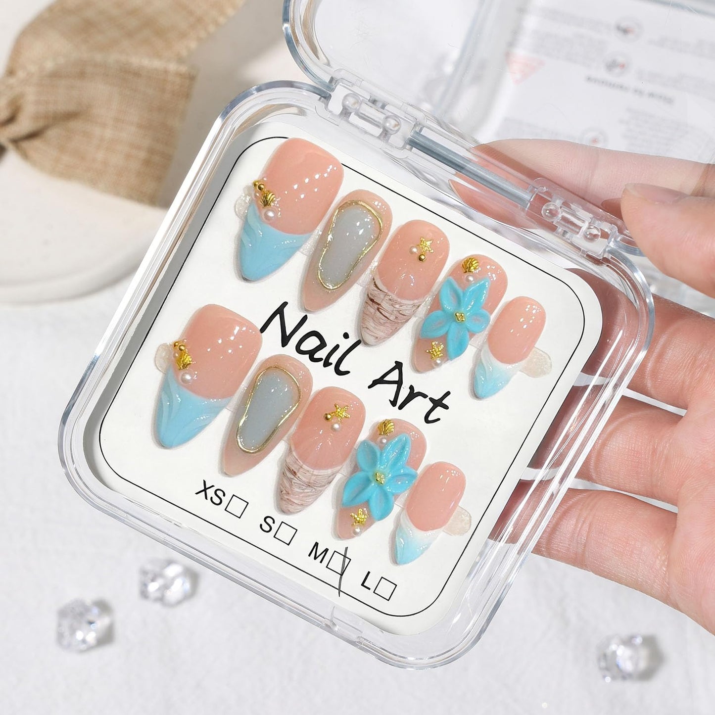 10 Pcs Handmade Press on Nails Medium Almond Fake Nails with Blue 3D Flower Design French Tip Acrylic False Nails Pink Medium Almond Press Ons Nails M Size for Women Beach Manicure